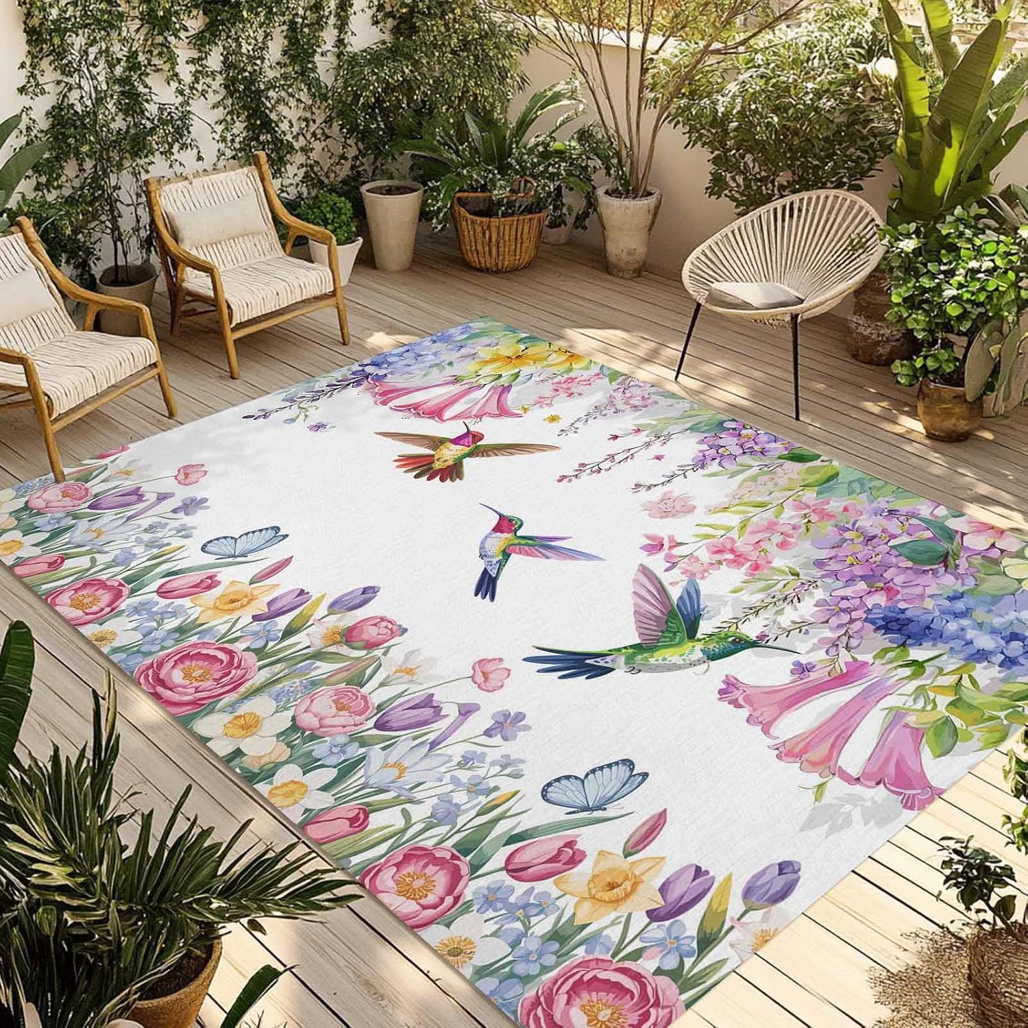 Watercolor Flowers Outdoor Rug for Patio/Deck/Porch, Non-Slip Large Area Rug 4 x 6 Ft, Spring Hummingbird Butterflly Floral Indoor Outdoor Rugs Washable Area Rugs, Reversible Camping Rug Carpet Runner