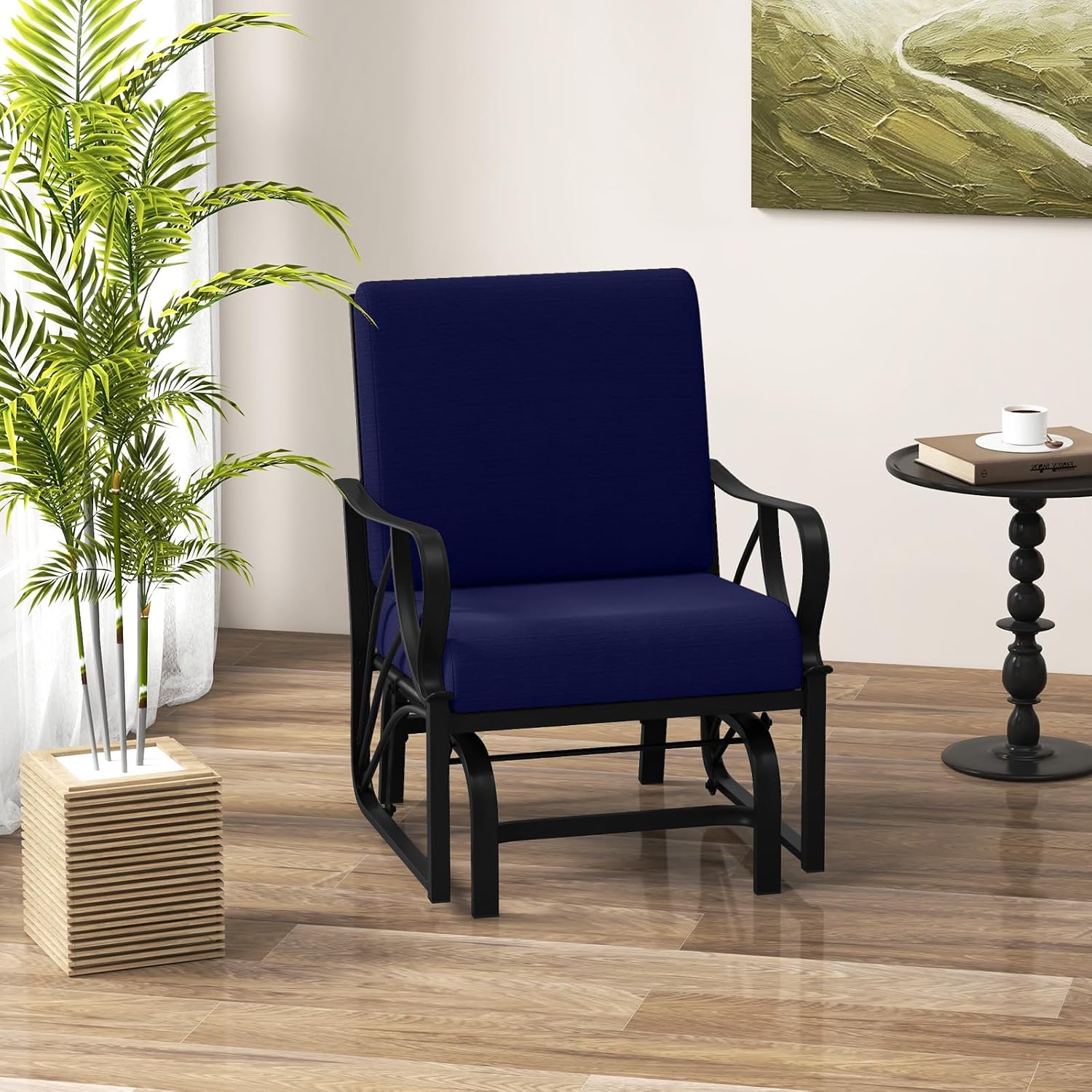 Giantex Outdoor Glider, Patio Rocking Chair with Thick Cushion, Sturdy Metal Frame, Curved Armrest, Ergonomic Design, Single-Person Glider Chair for Garden, Yard, Porch Rocker, Navy