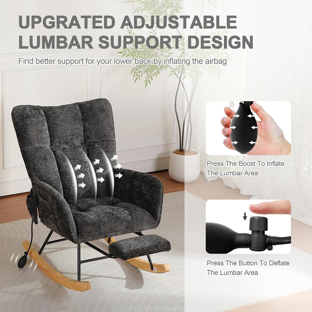 Rocking Chair Nursery with Airbag, Comfy Modern Nursery Rocking Reading Chair Indoor with Footrest, Cozy Upholstered Glider Rocker Chairs for Living Room Bedroom Offices(Chenille, Black)