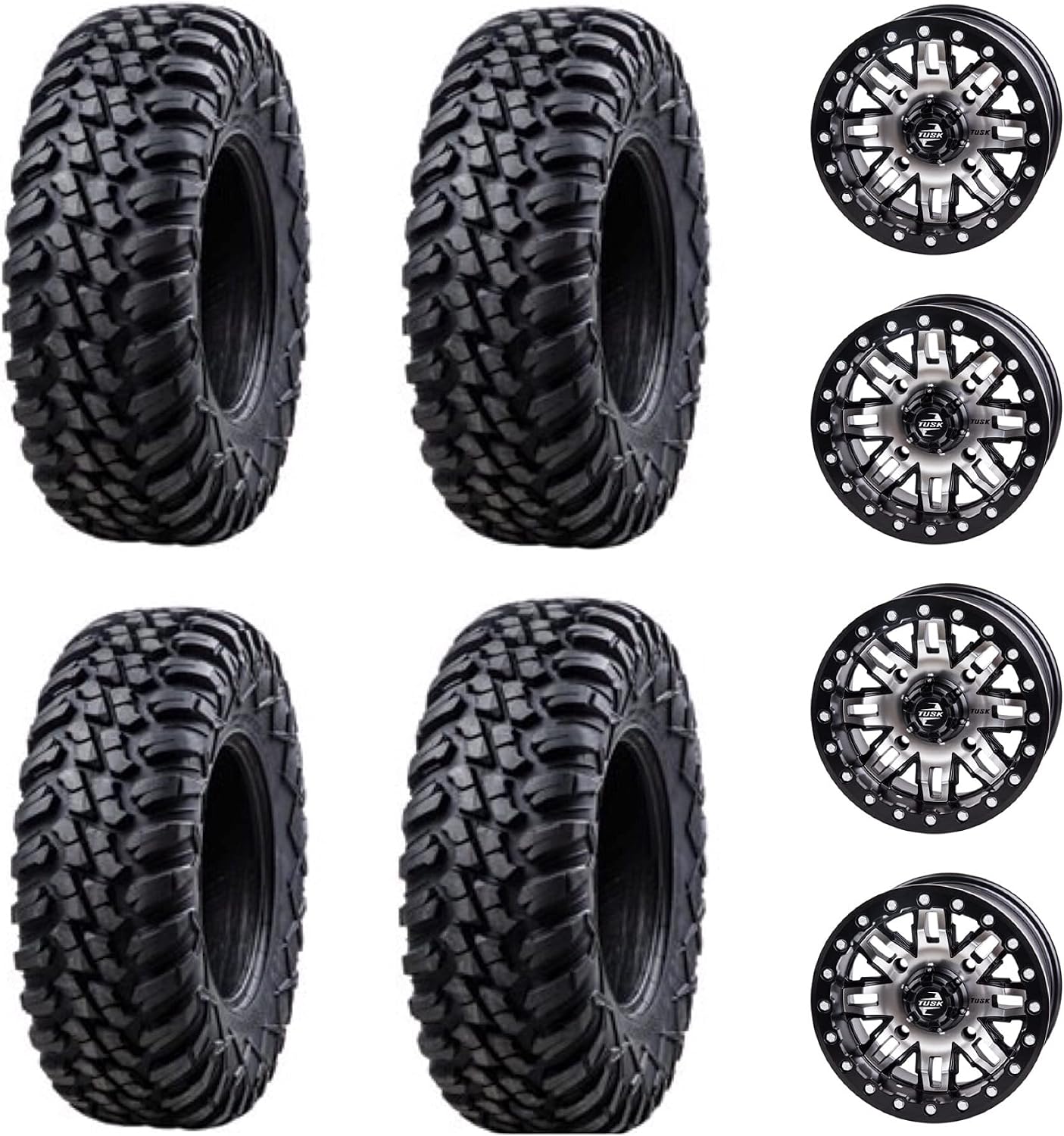 Four 32x10-14 Tusk TERRABITE 8-Ply Radial UTV Tires mounted on Tusk TETON Beadlock Wheels - POLARIS UTVs - 4/156 bolt pattern - Includes Lug Nuts (5+2 Wheel Offset, Machined)