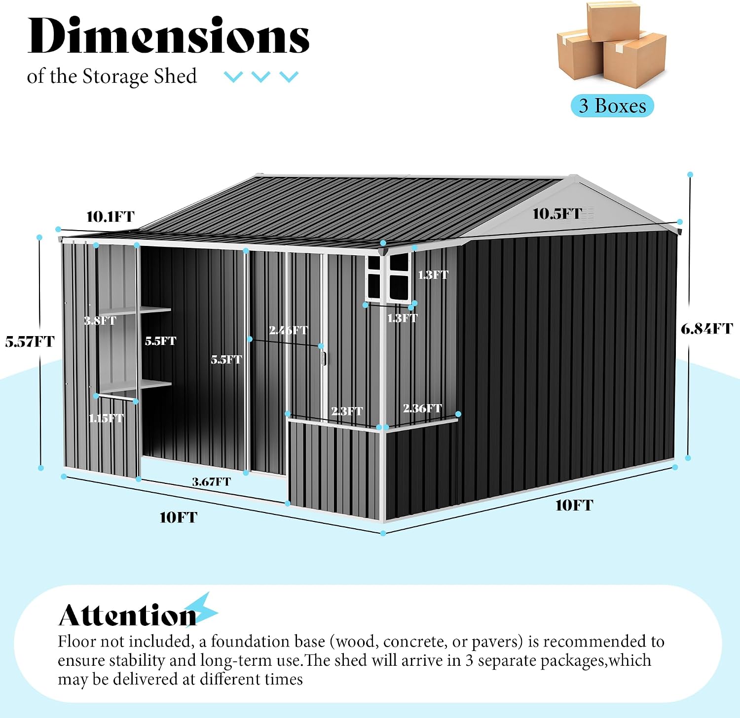 VanAcc 10×10.5×7 FT Metal Storage Shed, Dual-Zone Tool Shed with Work Area, Reinforced Frame, Gable Roof, Ventilated Design, Dark Grey