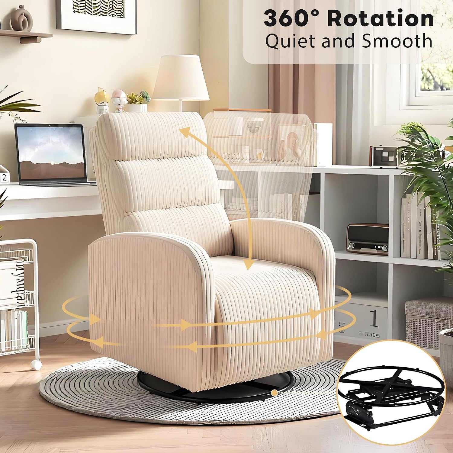 Swivel Rocker Chair, 360°Swivel Rocker Chairs with High Back Arms, Rocking Lazy Boy Chairs, Upholstered Swivels Corduroy Glider for Living Room, Bedroom, Nursing, Beige
