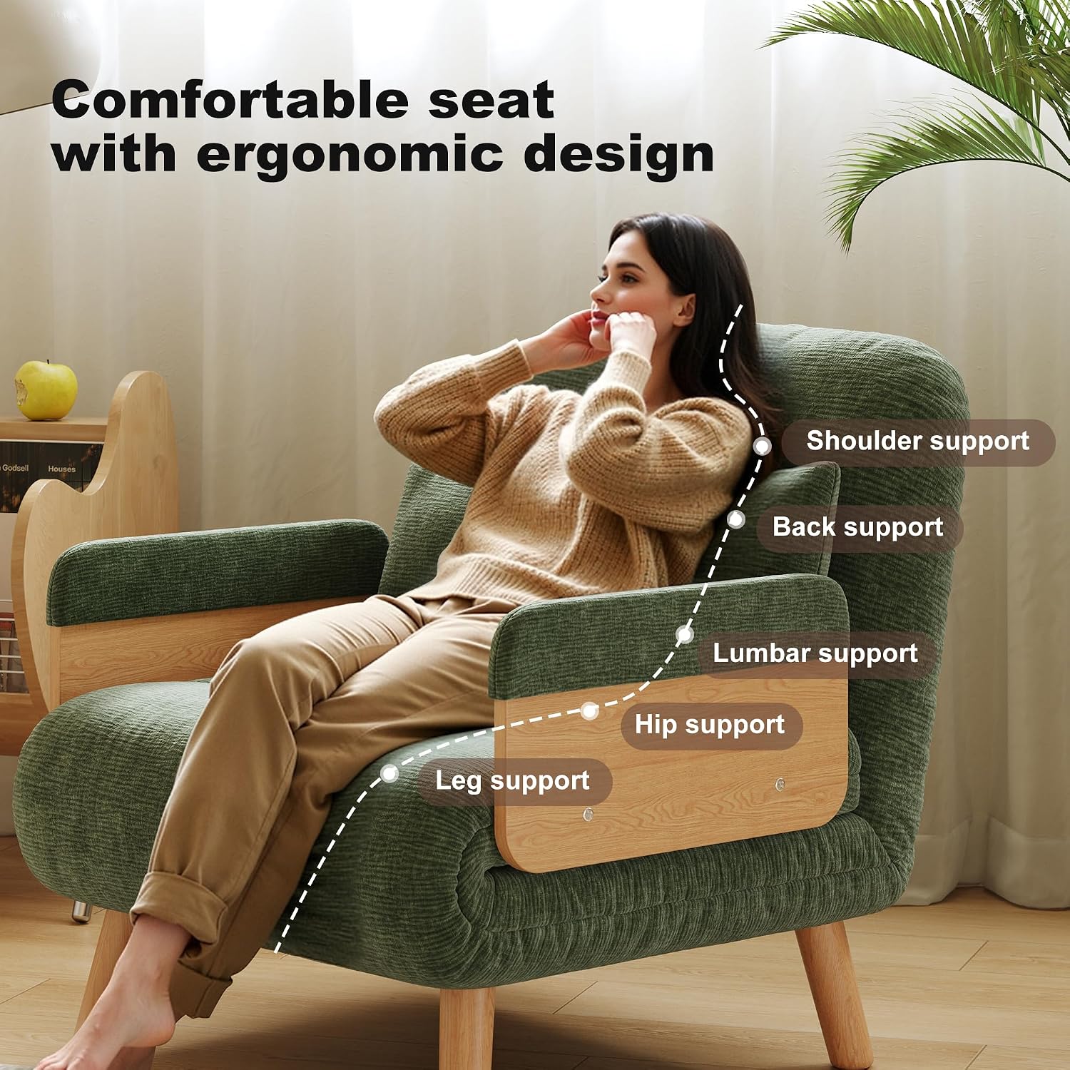 Convertible Lounger Fold-Out Sofa Bed, 3-in-1 Sleeper Sofa，Adjustable Backrest, Modern-Style Sofa for Small Spaces, Bedrooms & Offices(Green,35.43)