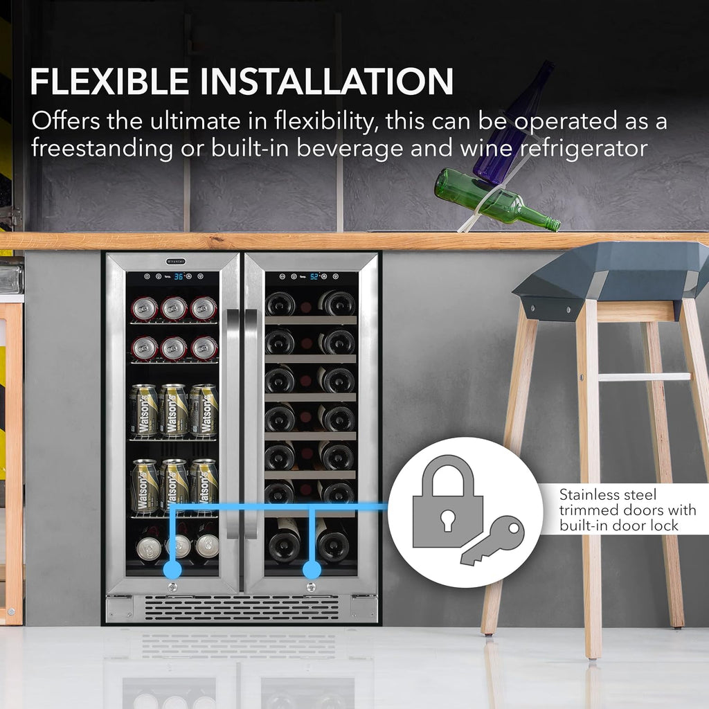 Whynter BWB-2060FDSa 24″ Built-in French Door Dual Zone 20 Bottle Wine Refrigerator 60 Can Beverage Center, Stainless Steel