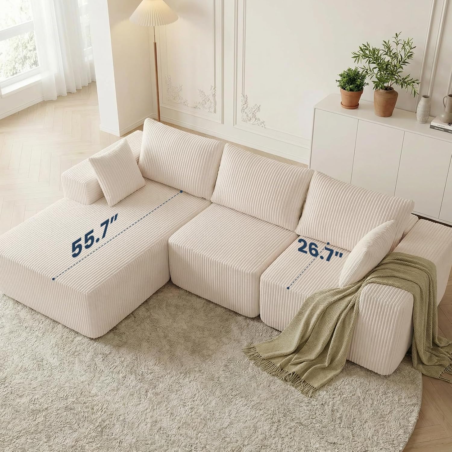 DUMOS 108' Boneless Couch, Cloud Sectional Couch with L-Shape Chaise, Modular Sectional Sofa with Deep Seat, Upholstered Couch for Living Room Bedroom, No Assembly Required, Beige, Left Facing Chaise