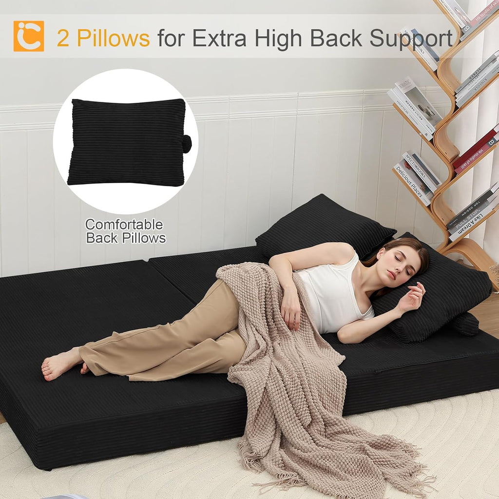 COMAX Convertible Sofa Bed – Folding Floor Couch Loveseat with Corduroy Cover & Pillows, Black | Multi‑Mode Lounger, Futon Sleeper Mattress for Living Room & Bedroom