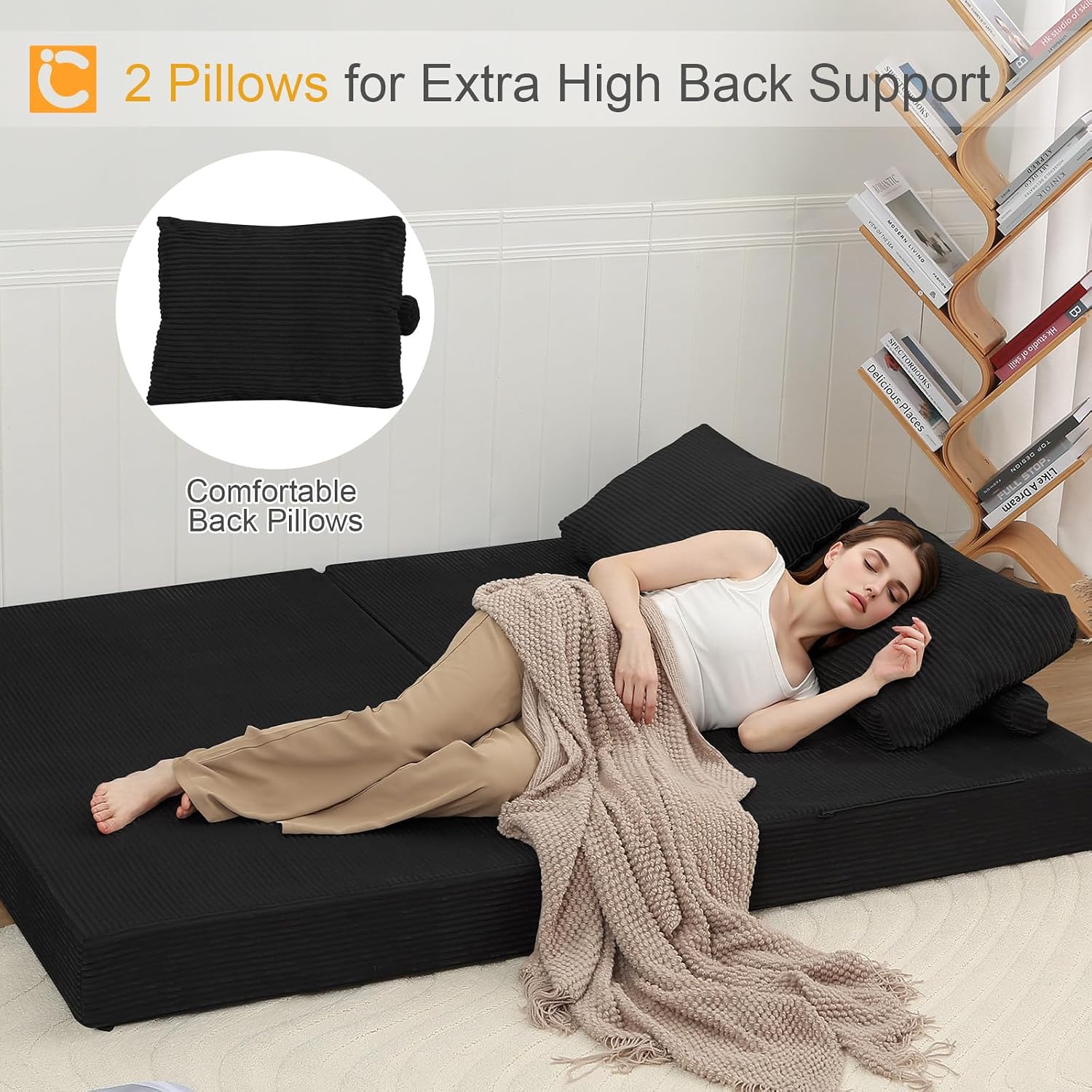 COMAX Convertible Sofa Bed – Folding Floor Couch Loveseat with Corduroy Cover & Pillows, Black | Multi‑Mode Lounger, Futon Sleeper Mattress for Living Room & Bedroom