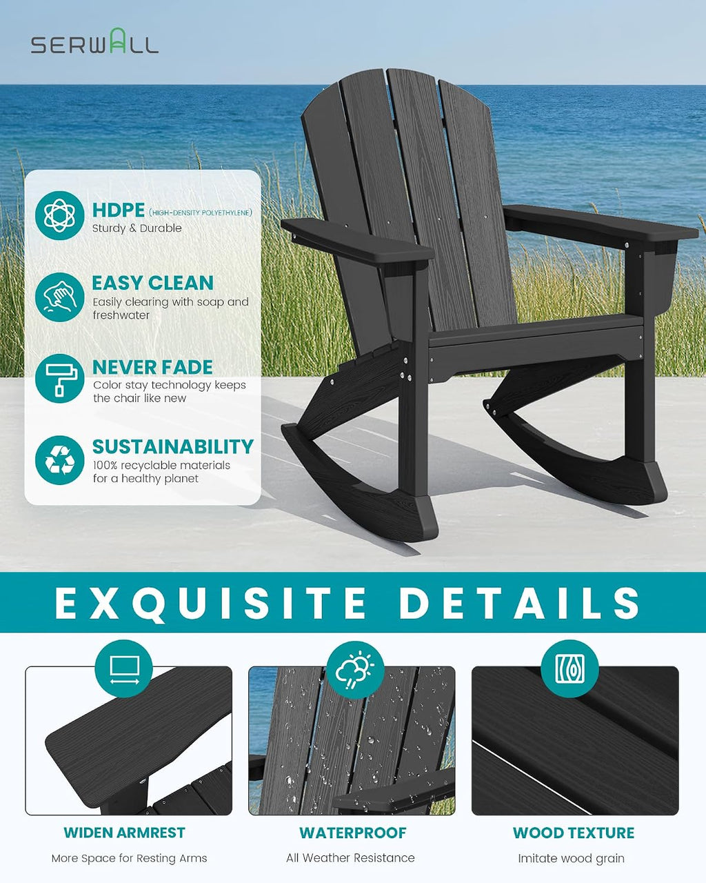 SERWALL Outdoor Adirondack Rocking Chairs Set of 4, All-Weather HDPE Adirondack Rocker Chair, Front Porch Rocker Chairs for Patio Lawn Porch Deck, Black