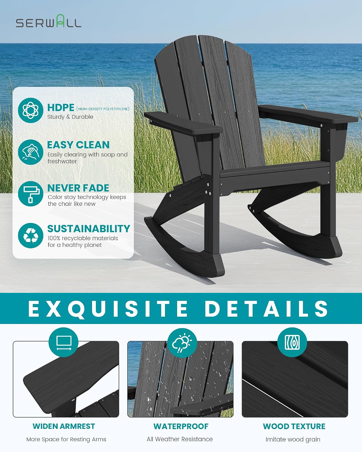 SERWALL Outdoor Adirondack Rocking Chairs Set of 4, All-Weather HDPE Adirondack Rocker Chair, Front Porch Rocker Chairs for Patio Lawn Porch Deck, Black