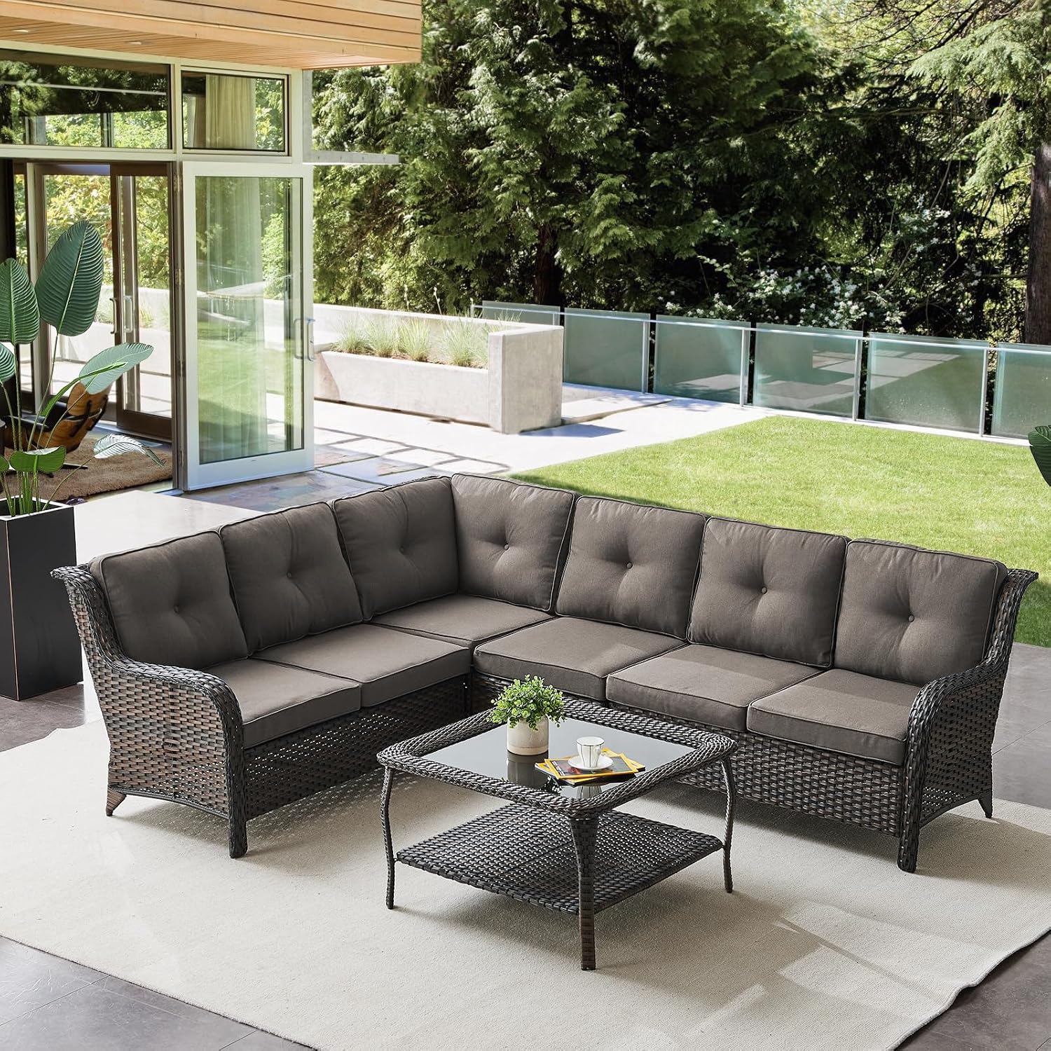 Belord Patio Furniture Set 6 Seats, Oversized Outdoor Sectional Couch, Two 3-Seater Sofas with Coffee Table, Patio Conversation Sets,Ideal for Porch, Deck, Brown Wicker/Gray