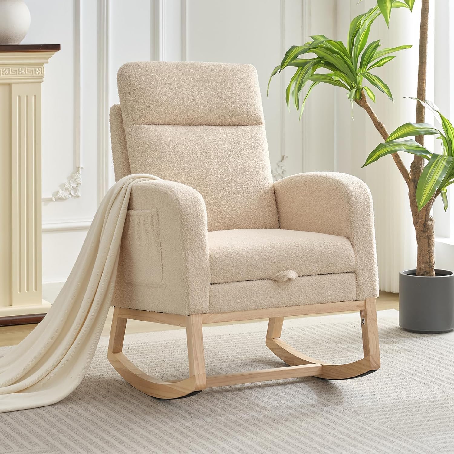 Rocking Chair Nursery Chairs with Foot Rest, Recliner Armchair with High Backrest& Wood Legs and Side Pocket for Living Room,Bedroom,Beige