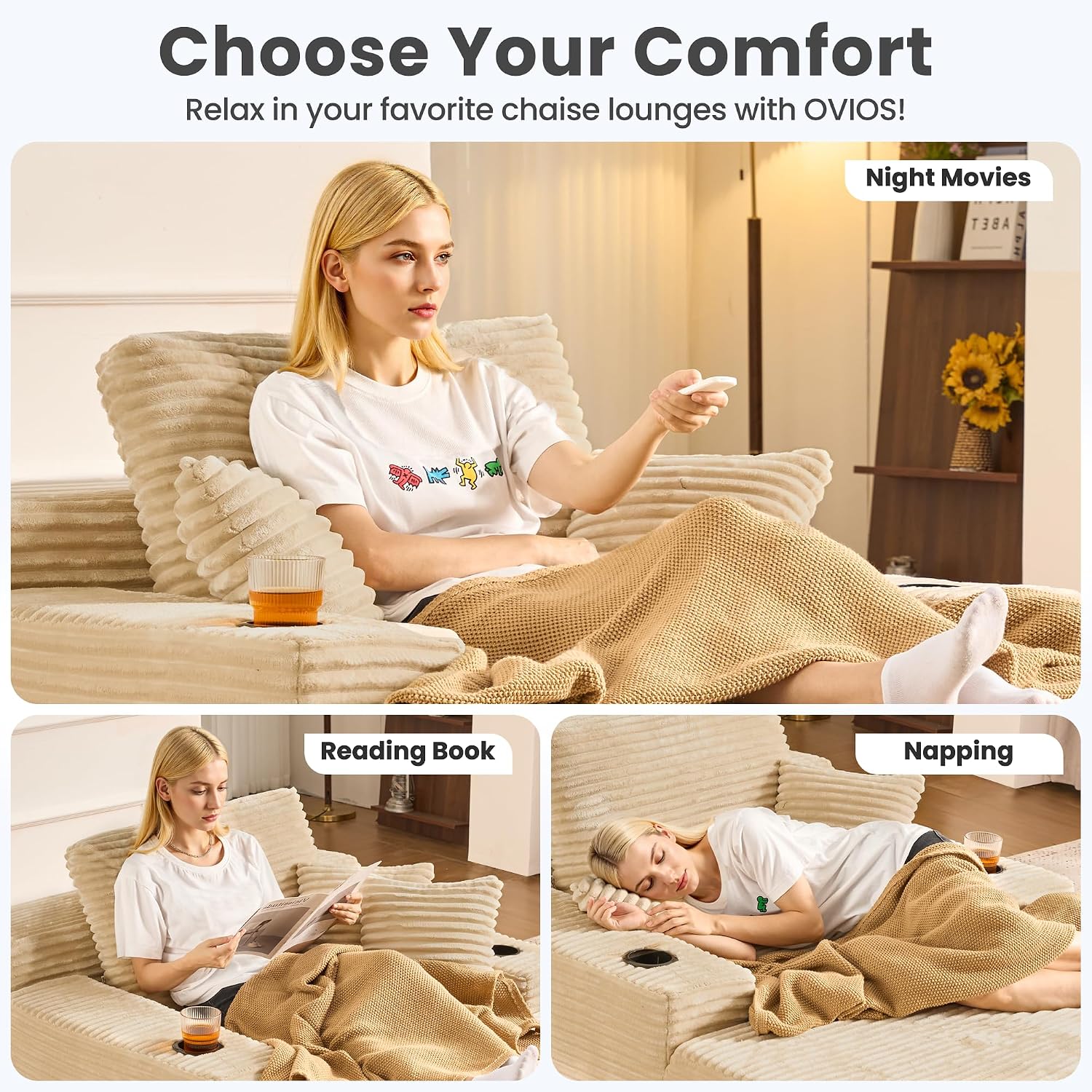 ovios 67'' Chaise Lounge Chair Indoor, Oversized Upholstered Boneless Sofa Bed with Cup Holders, Deep Seat Sleeper Couch, Plush Cloud Sofas Couches for Living Room (Faux Fur, Beige)