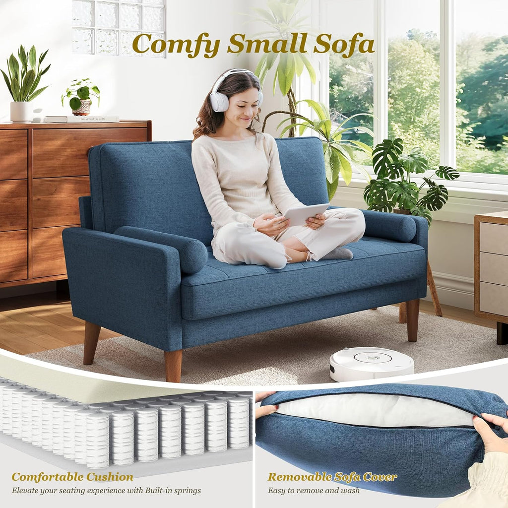 Vesgantti Loveseat Sofa with Solid Wood Legs, 48' Small Couches for Small Spaces, Love Seat for Living Room, Bedroom, Easy Assembly Mid Century Modern Couch with Throw Pillow for Apartment, Blue