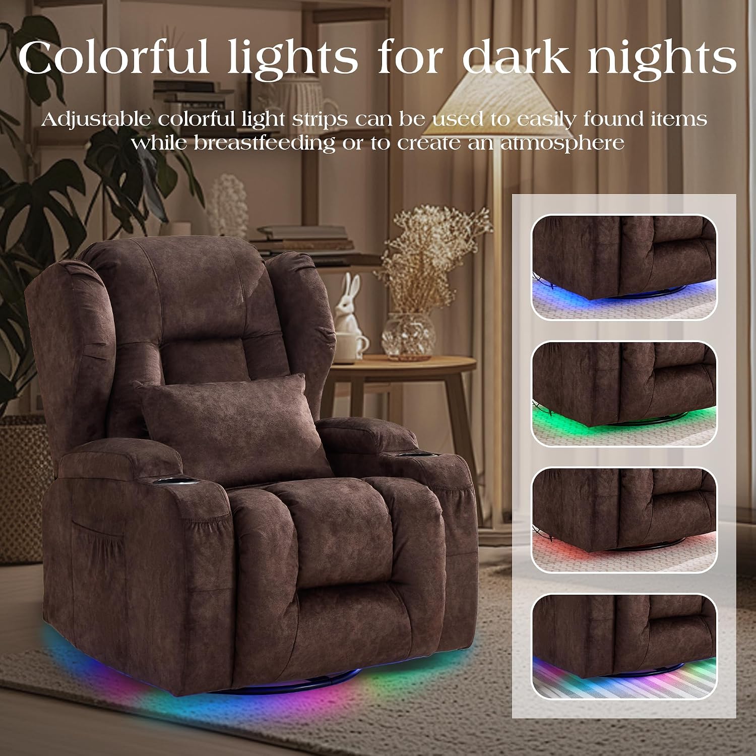 TUNYI Power Recliner Chair - Velvet Home Theater Seating Glider Reclining Sofa with Massage & Heat Swivel Rocker Recliner Chair for Living Room with LED Light/USB Port/Lumbar Pillow (Brown)
