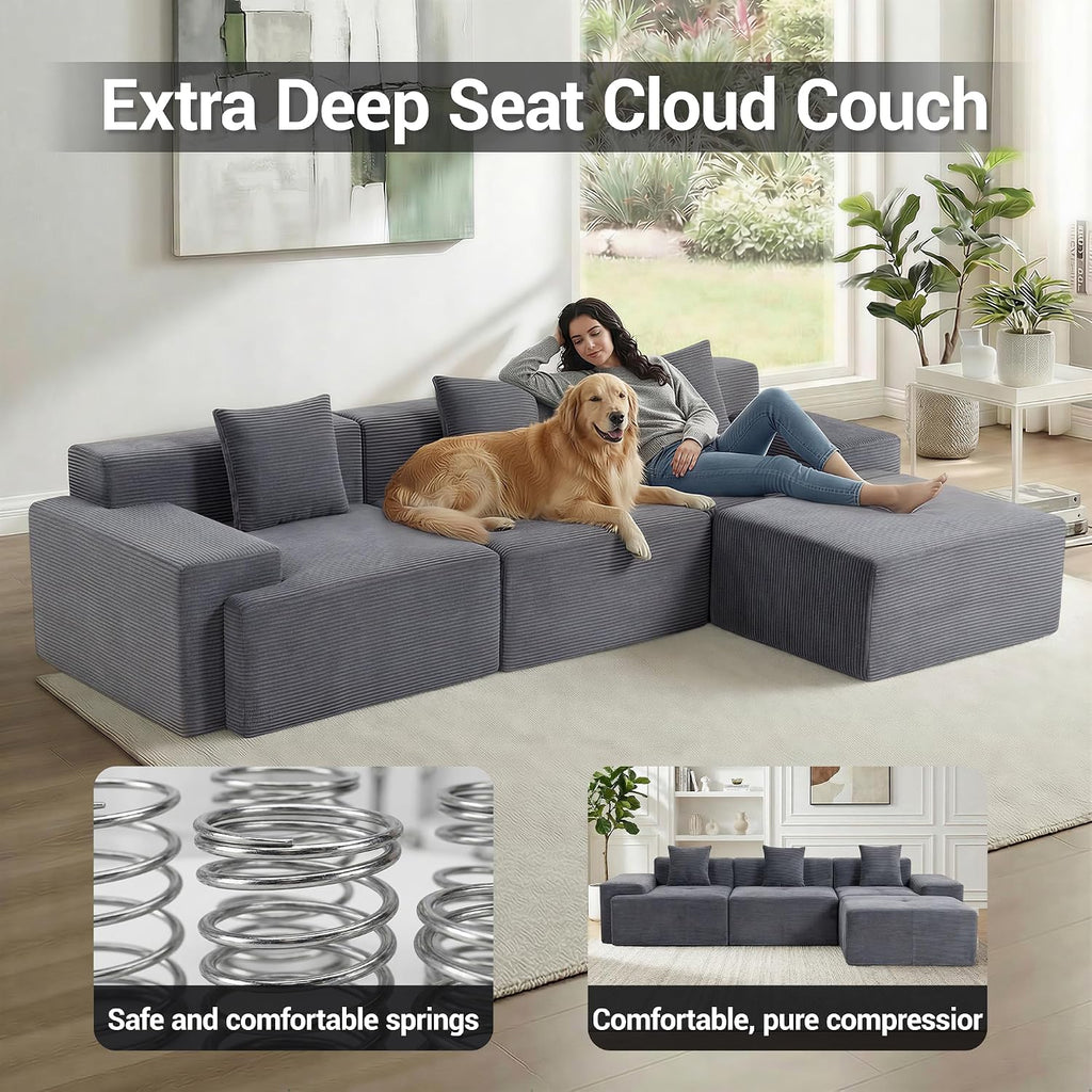 119'' Modular L-Shaped Boneless Sectional, Corduroy Deep Seat Cloud Sectional Couch, Small Space Sofa for Apartment Living Room Bedroom, No Assembly, Grey