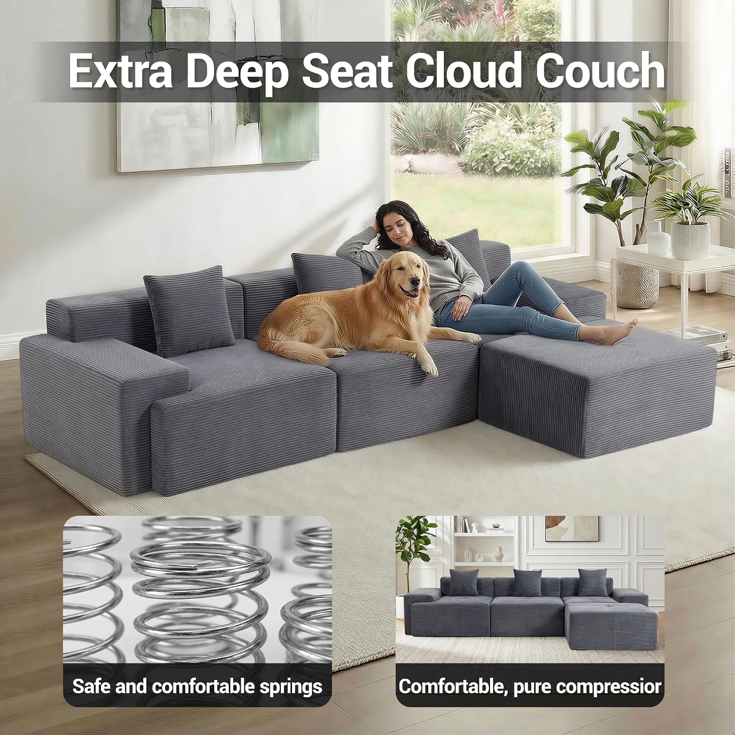 119'' Modular L-Shaped Boneless Sectional, Corduroy Deep Seat Cloud Sectional Couch, Small Space Sofa for Apartment Living Room Bedroom, No Assembly, Grey