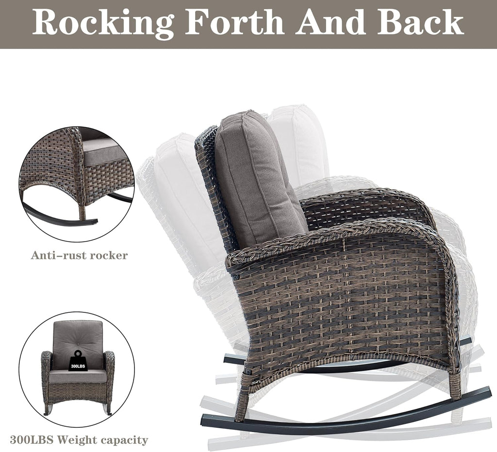 Belord Patio Rocking Chairs Furniture Set - 5 Piece Outdoor Wicker Furniture Sets with Ottomans, Small Patio Conversation Sets with Wicker Rocking Chairs Brown/Grey