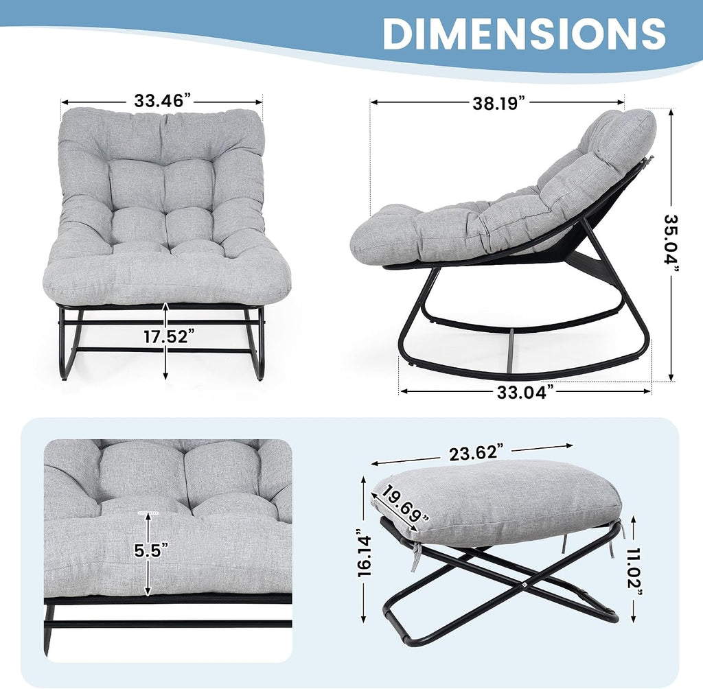 DHMAKER Oversized Outdoor Rocking Chair with Foot Rest, Papasan Rocking Chair with Thick Cushion,Modern Lounge Rocker for Patio Porch Garden Balcony, Indoor
