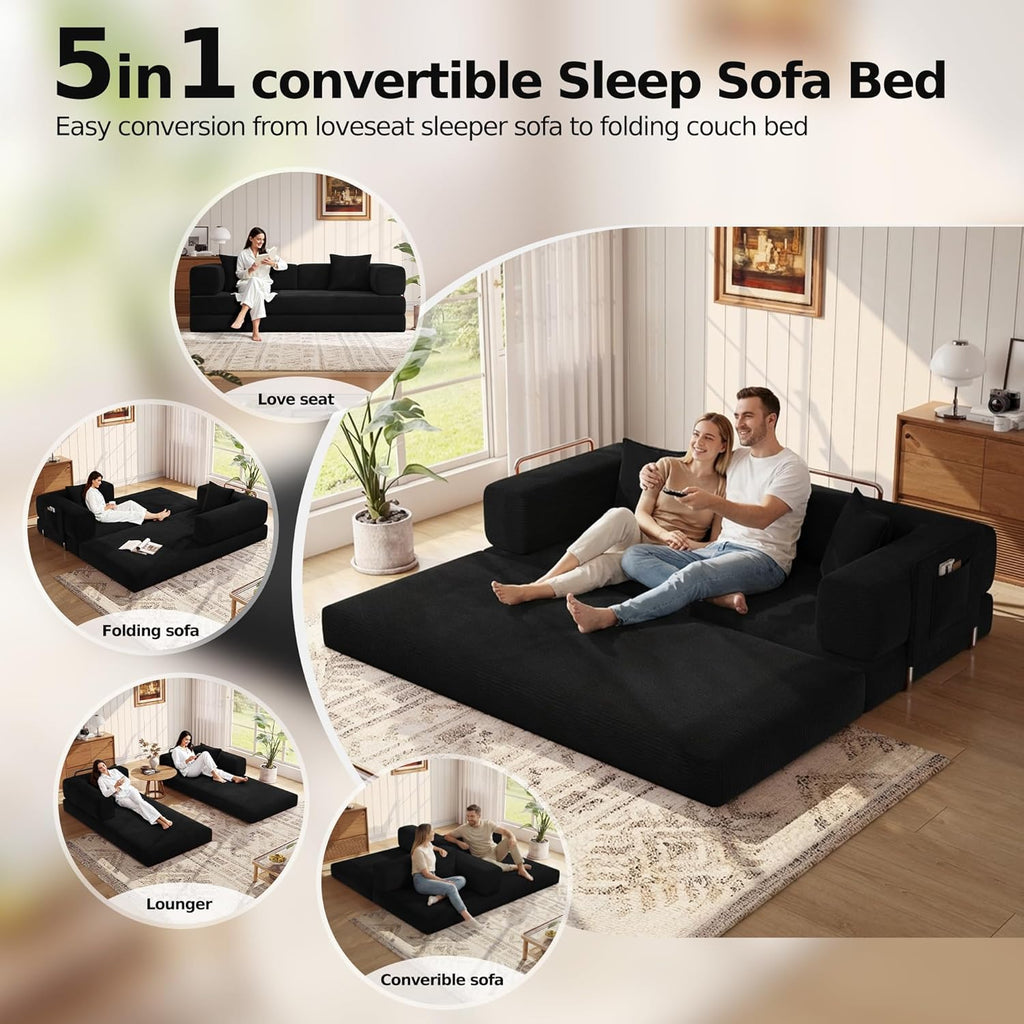 MoonSpeak 78.8''Sleeper Couch Bed for Livingroom,Convertible Modular Sofa with Armrest Pillow,Modular Foldable Corduroy Couches in a Box,No Assembly (Black)