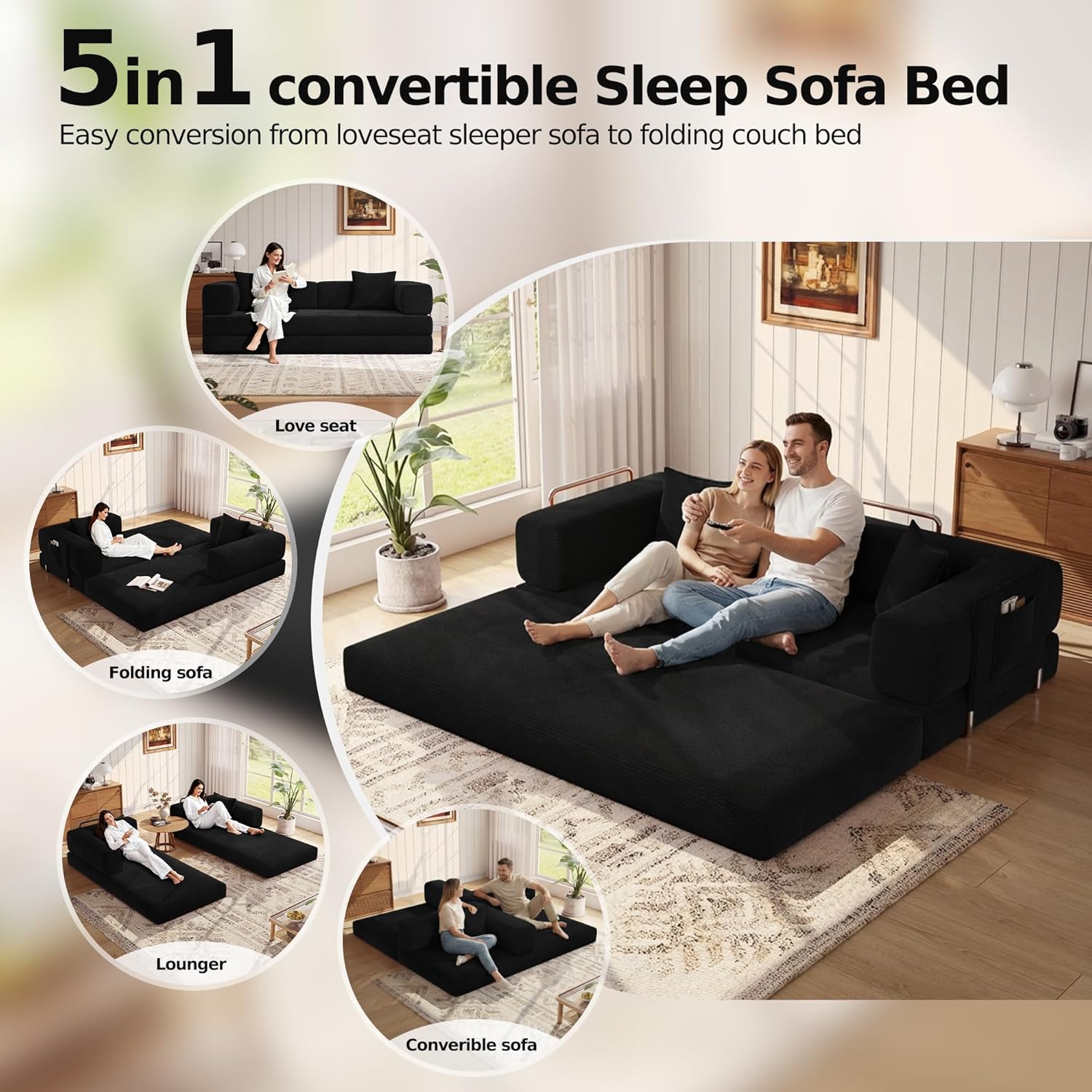 MoonSpeak 78.8''Sleeper Couch Bed for Livingroom,Convertible Modular Sofa with Armrest Pillow,Modular Foldable Corduroy Couches in a Box,No Assembly (Black)
