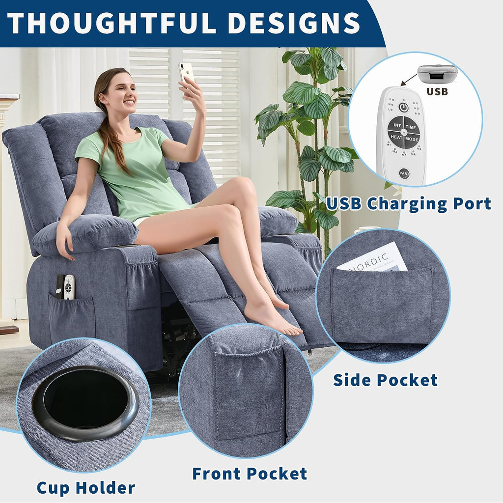 Power Lift Recliner Chair for Elderly Adults 8-Point Massage Lumbar Heating 90/120/150° 3 Recline Positions Motorized Lift Assist Remote Control 2 Side Pockets 2 Cup Holders USB Charging Ports
