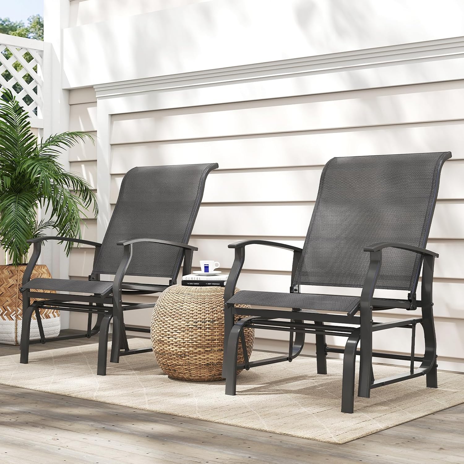 Giantex 2-Pack Outdoor Glider Rocking Chairs, Rockers with Ergonomic Backrest & Seat, Extra Armrests, Metal Frame, Anti-Scratch Foot Pads, Load 350Lbs, Patio Gliders for Porch, Yard, Garden, Grey