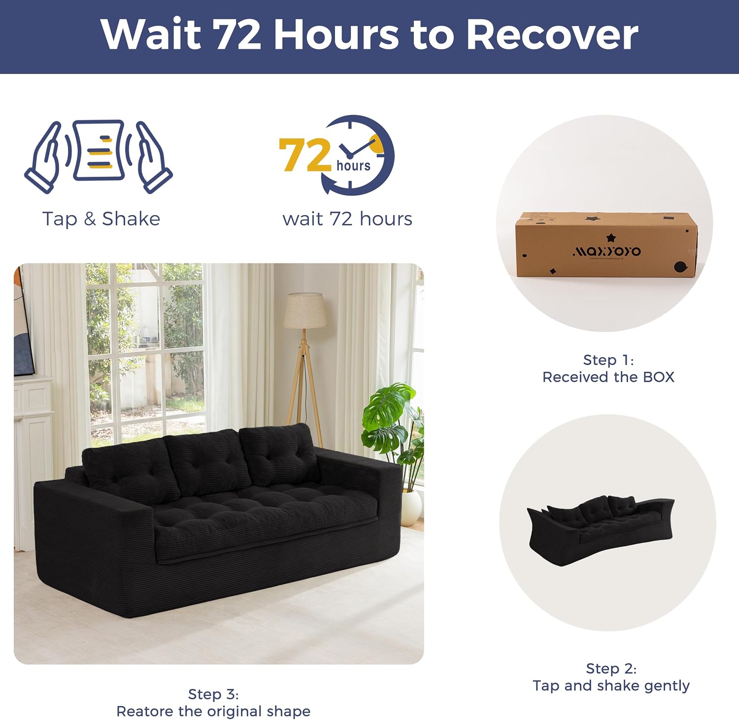 MAXYOYO 3-Seater Boneless Sofa Couch, Modern Sofa for Living Room, Soft Bean Bag Chair High-Density Foam Couch with Pillows, No Assembly Required
