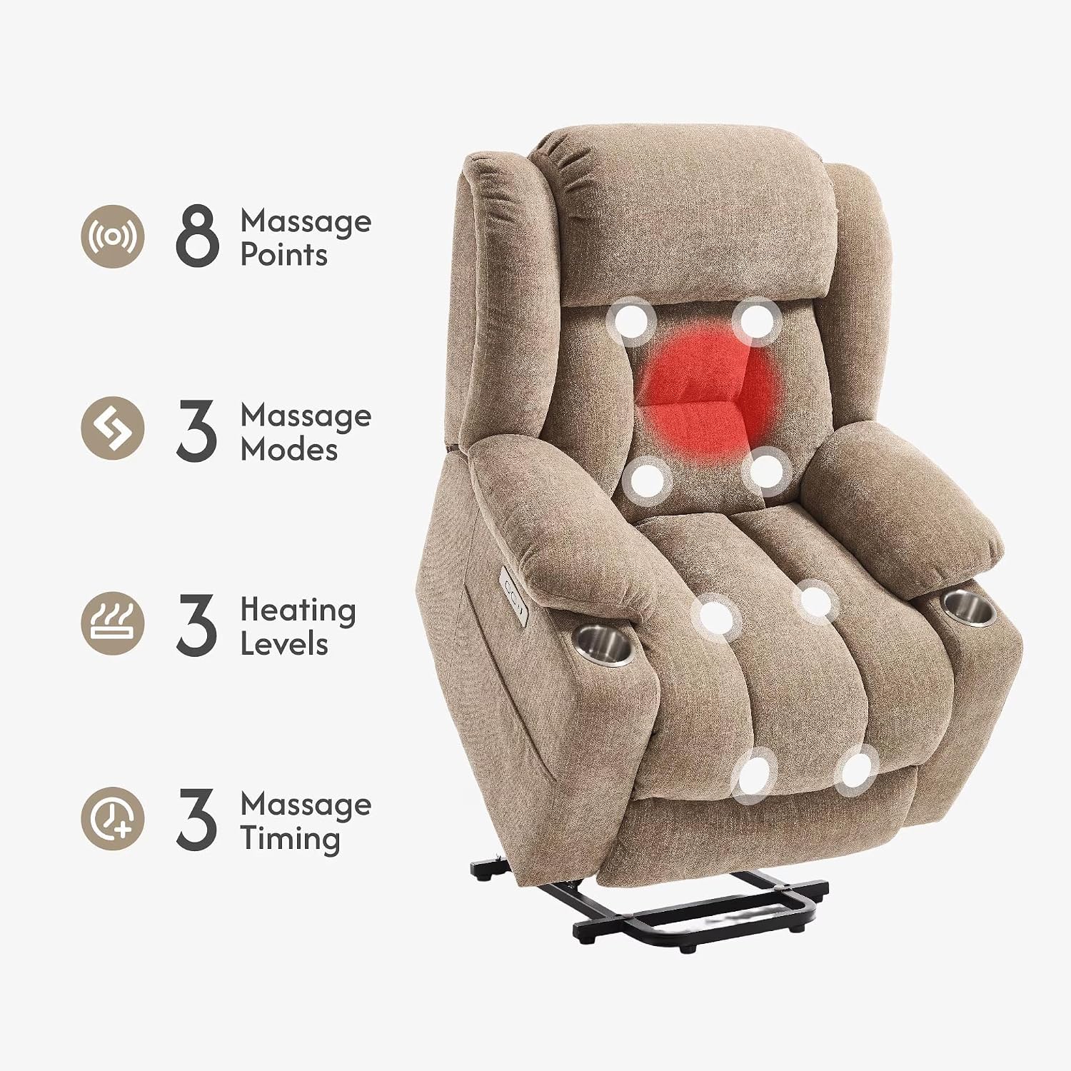 FLEXISPOT Power Lift Recliner Chair with Massage & Heat, Single Motor Lift Chair, Chenille Fabric Upholstery, USB/Type-C, Cup Holders, Side Pockets