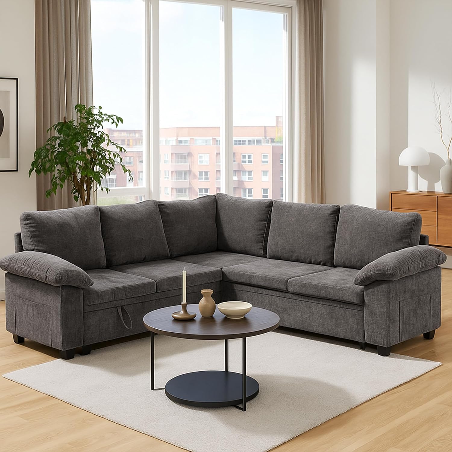86 Inch Sectional Sleeper L Shaped Sofa with Pull Out Bed, Modular Sectional Sofa with Storage, Modern Chenille Cloud Couch, Sectional Couches for Living Room, Gray