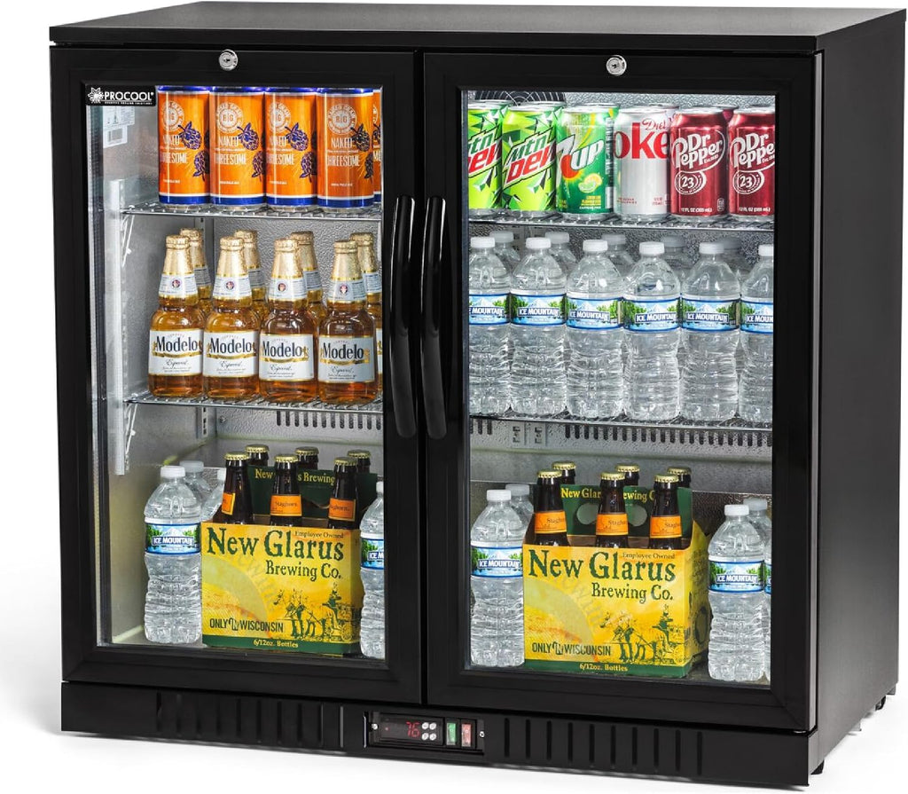 Procool 2-Door Undercounter Refrigerator - 33' Tall Energy Efficient Black Beverage Cooler With Glass Doors & White LED Lights - Residential Beverage Refrigerator For Entertaining Spaces & Home Bars