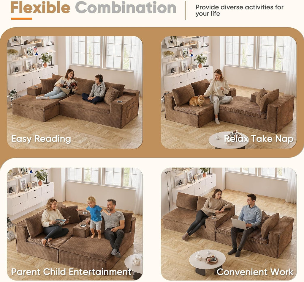 Homall 109' Boneless Couch with Memory Foam, Modular Sectional Sofa with L-Shape Chaise, Cloud Couch with Deep Seat, Dual Cup Holders & Side Pockets, No Assembly Required (Brown)