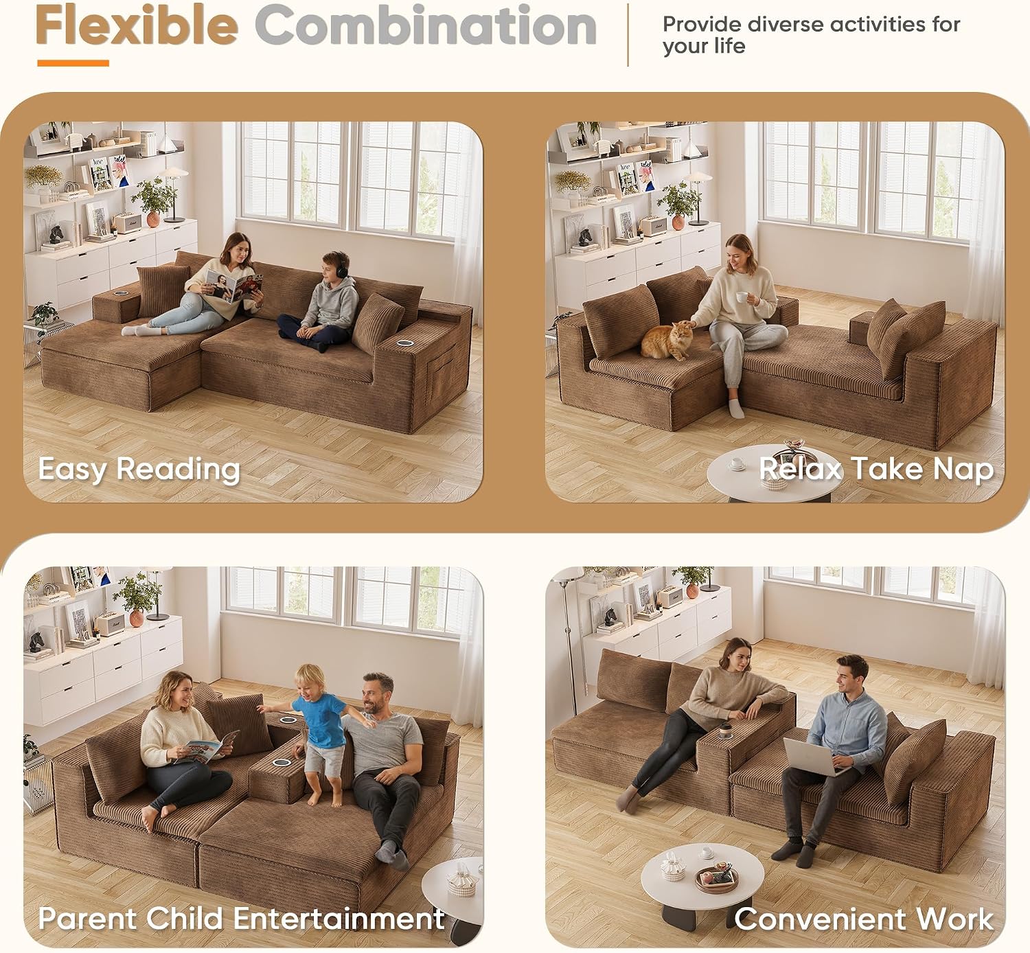 Homall 109' Boneless Couch with Memory Foam, Modular Sectional Sofa with L-Shape Chaise, Cloud Couch with Deep Seat, Dual Cup Holders & Side Pockets, No Assembly Required (Brown)