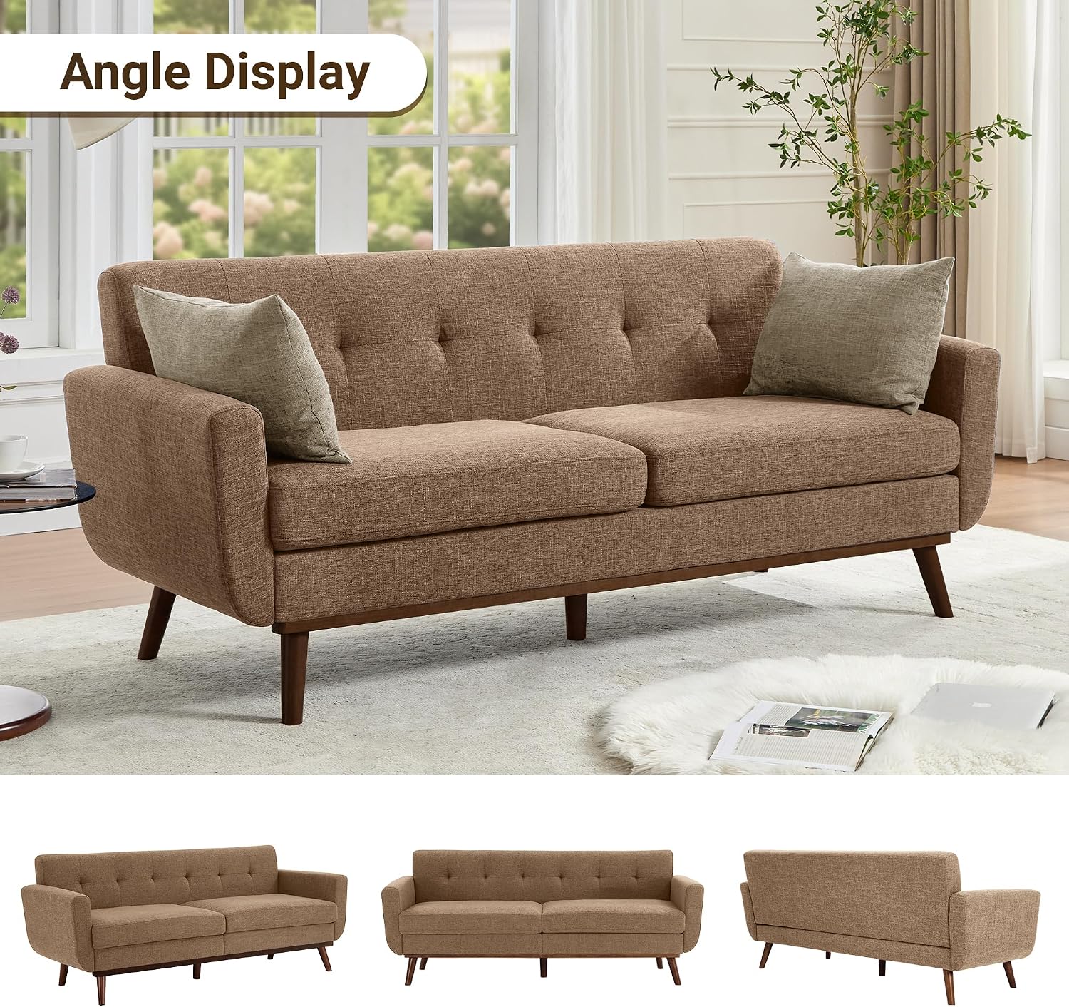 Kingfun 77.2' W Loveseat Sofa, Mid Century Modern Decor Love Seat Couches for Living Room, Button Tufted Upholstered Furniture, Solid & Easy to Install Small Couch for Bedroom, Office Apartment, Brown