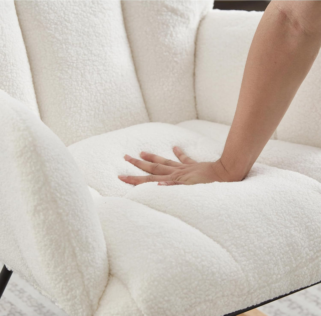 Glider Chair for Living Room & Nursery, Tufted Upholstered Teddy Rocking Chair with High Backrest & Stable Metal Frame, 300lbs Capacity, Comfy Rocker Glider for Adults & Kids, Office & Bedroom(Ivory)
