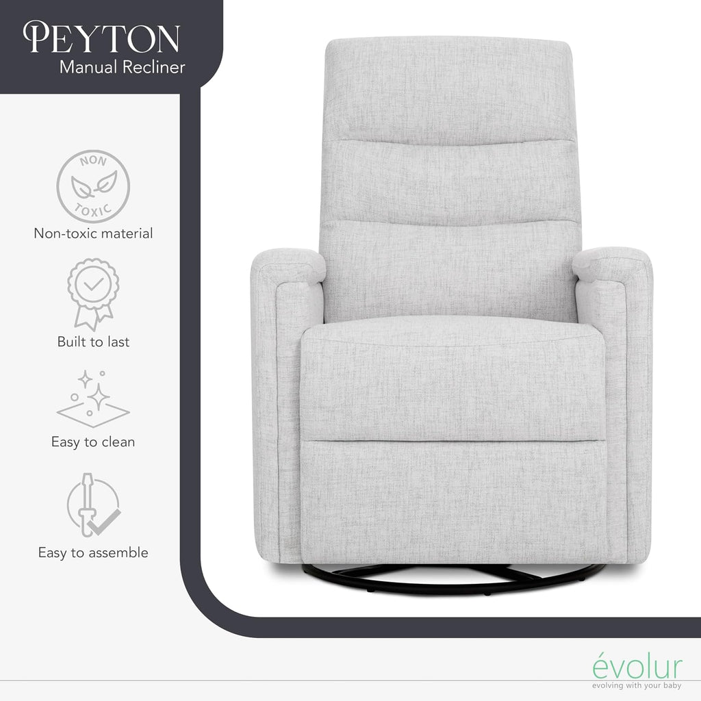 Evolur Peyton Manual Glider Recliner – Fog Grey, Rocking & 360° Swivel with Smooth Glide – GREENGUARD Gold & FSC Certified – Modern Nursery and Living Room Chair