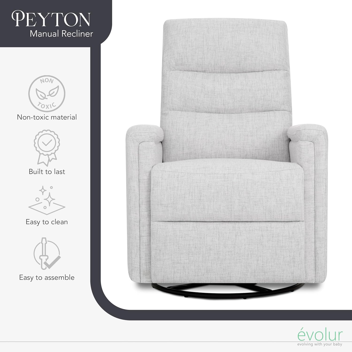 Evolur Peyton Manual Glider Recliner – Fog Grey, Rocking & 360° Swivel with Smooth Glide – GREENGUARD Gold & FSC Certified – Modern Nursery and Living Room Chair