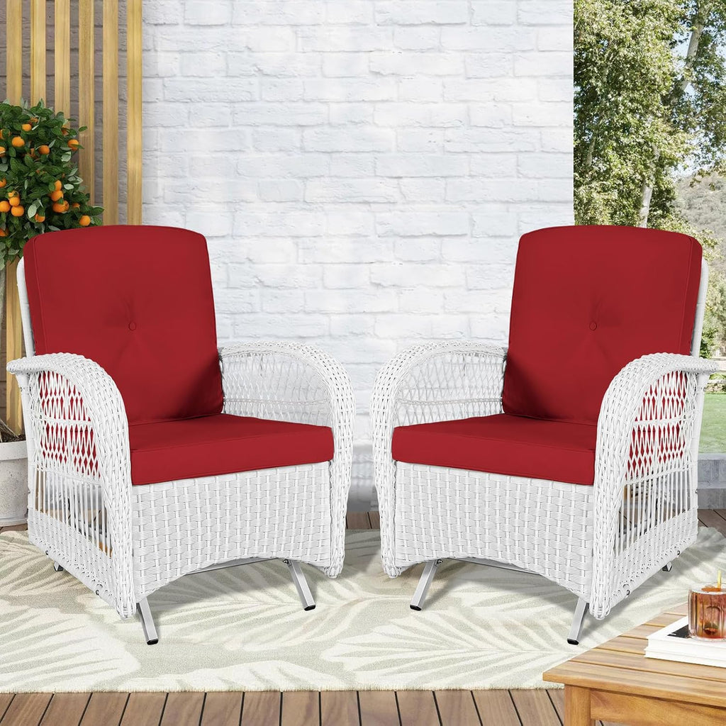 VIVIJASON 2-Piece Outdoor White Wicker Glider Rocking Chair, Patio Rattan Swing Glider Chairs with Cushions & Steel Frame, All-Weather Gliding Lawn Wicker Furniture for Garden Backyard, Red