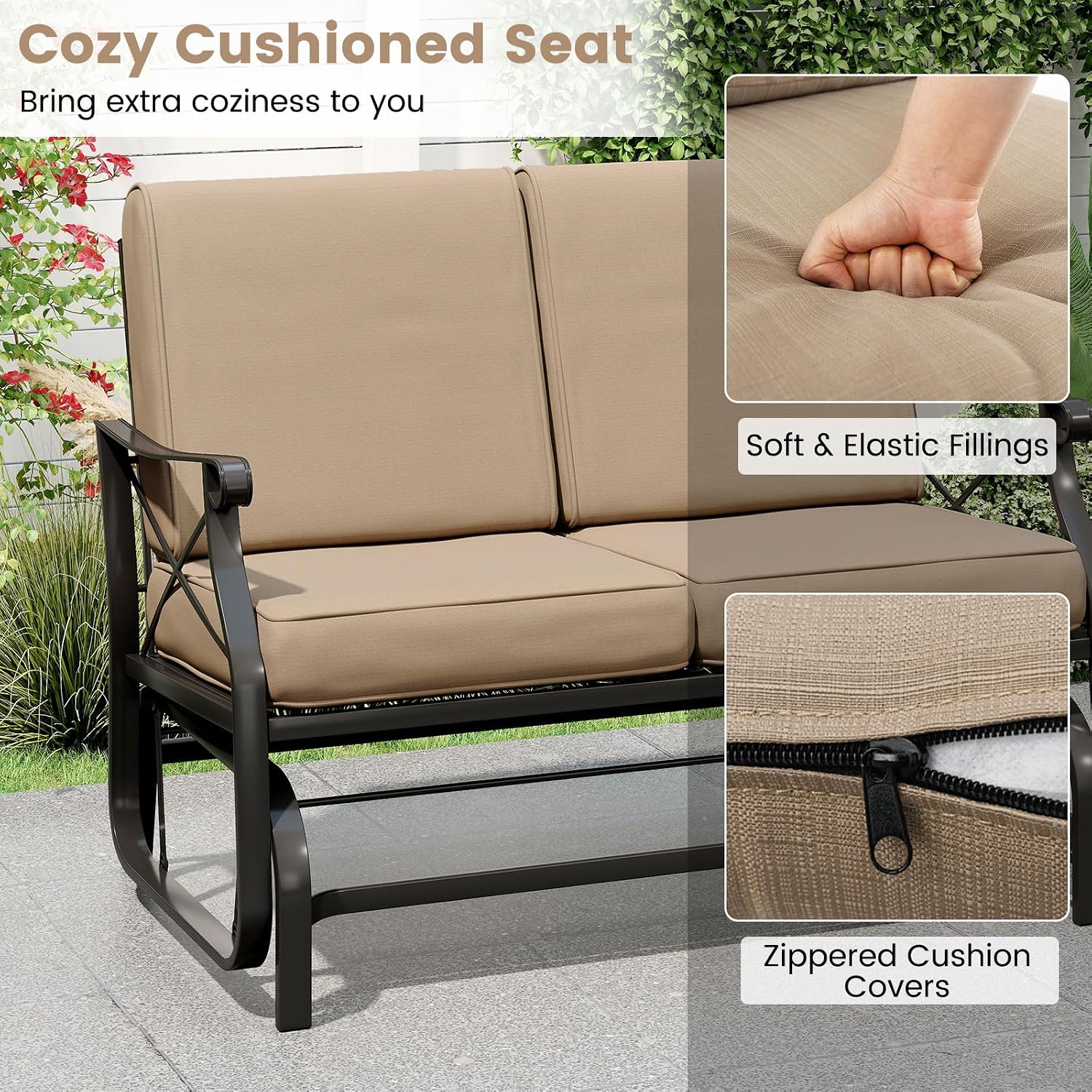 Tangkula Patio Glider Bench, 2-Person Swing Gliding Loveseat with Breathable Fabric Seat & Soft Cushions, 660 LBS Metal Frame Outdoor Rocking Chair for Porch, Poolside, Backyard