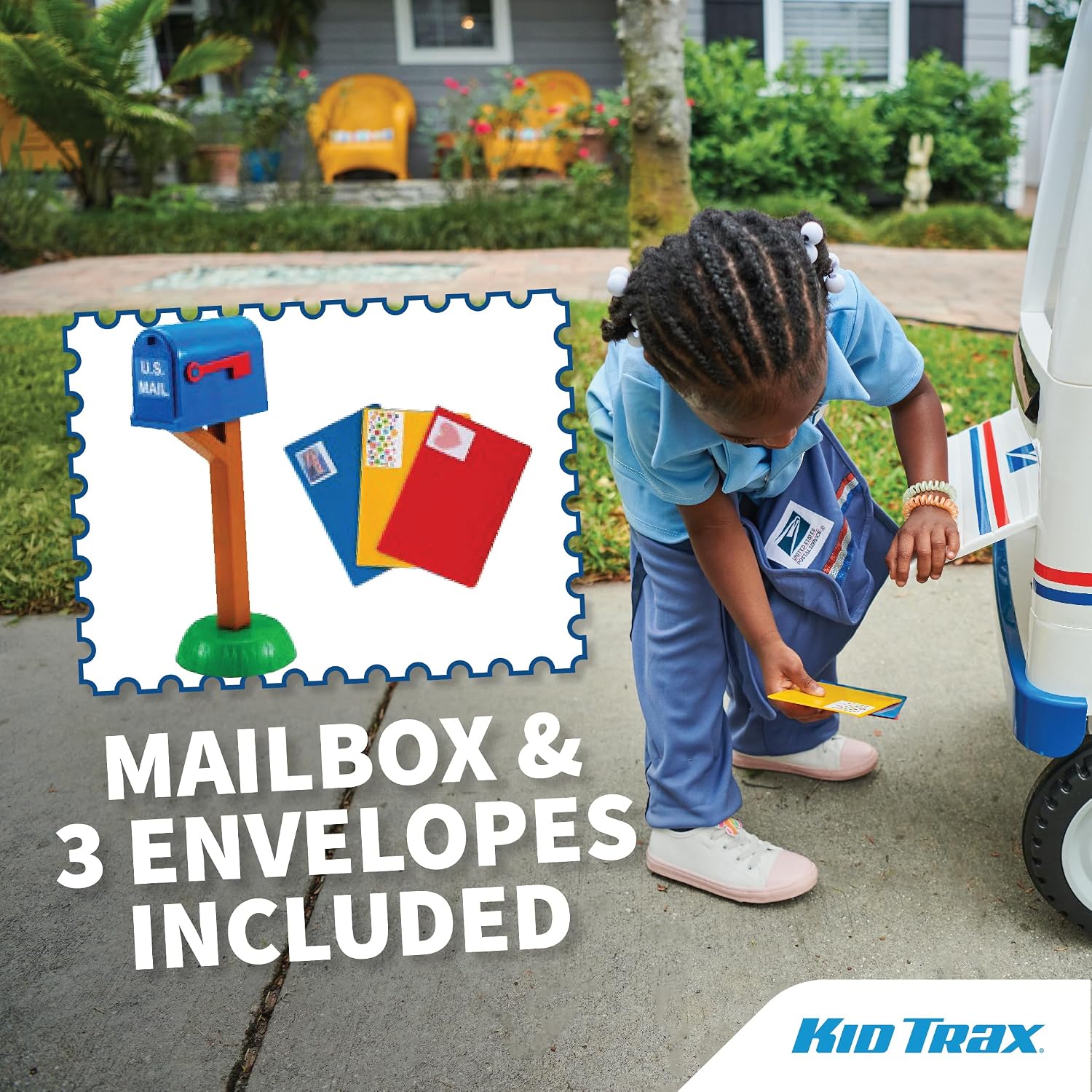 Kid Trax 6V USPS Mail Truck Ride-On Toy, Ages 3-5, Max Weight 60 lb, Includes Mailbox, Play Envelopes, Working Headlights/Horn, FM Radio/MP3 Input