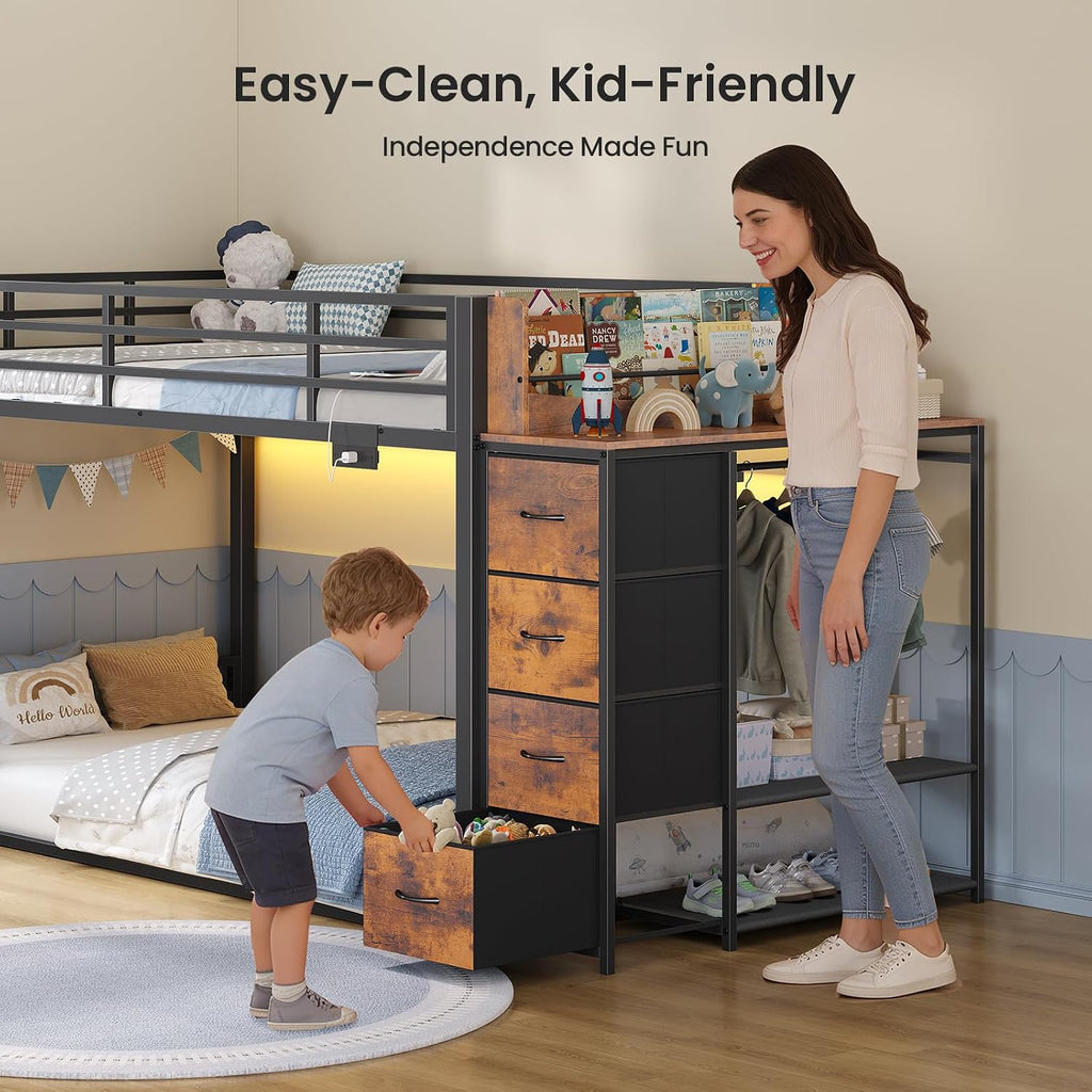 ADORNEVE Low Bunk Bed Twin Over Twin with Bookshelf, 4 Storage Drawers, Metal Kids Bunk Bed with Power Outlet & RGB Lights, Clothing Rack & Shelves, Safety Guardrail & Ladder, Black