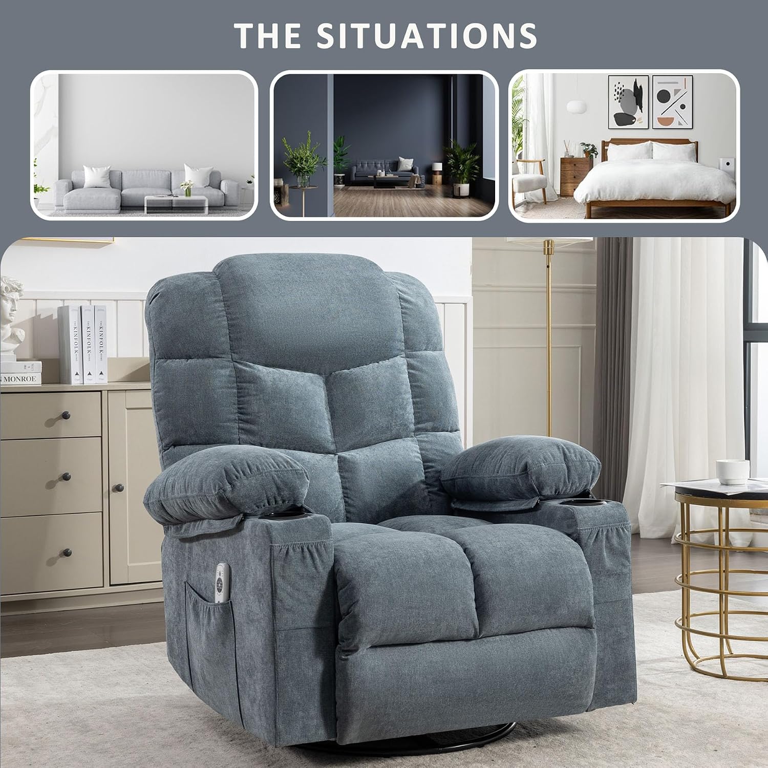 Massage Chair Recliner with Heat&USB,Comfotable Lazy Boy Recliner Chair with Cup Holder&2 Side Pockets,Manual Recliner Chair for Adults,Bread-Shaped,Heavy Duty,Fabric (Blue2)