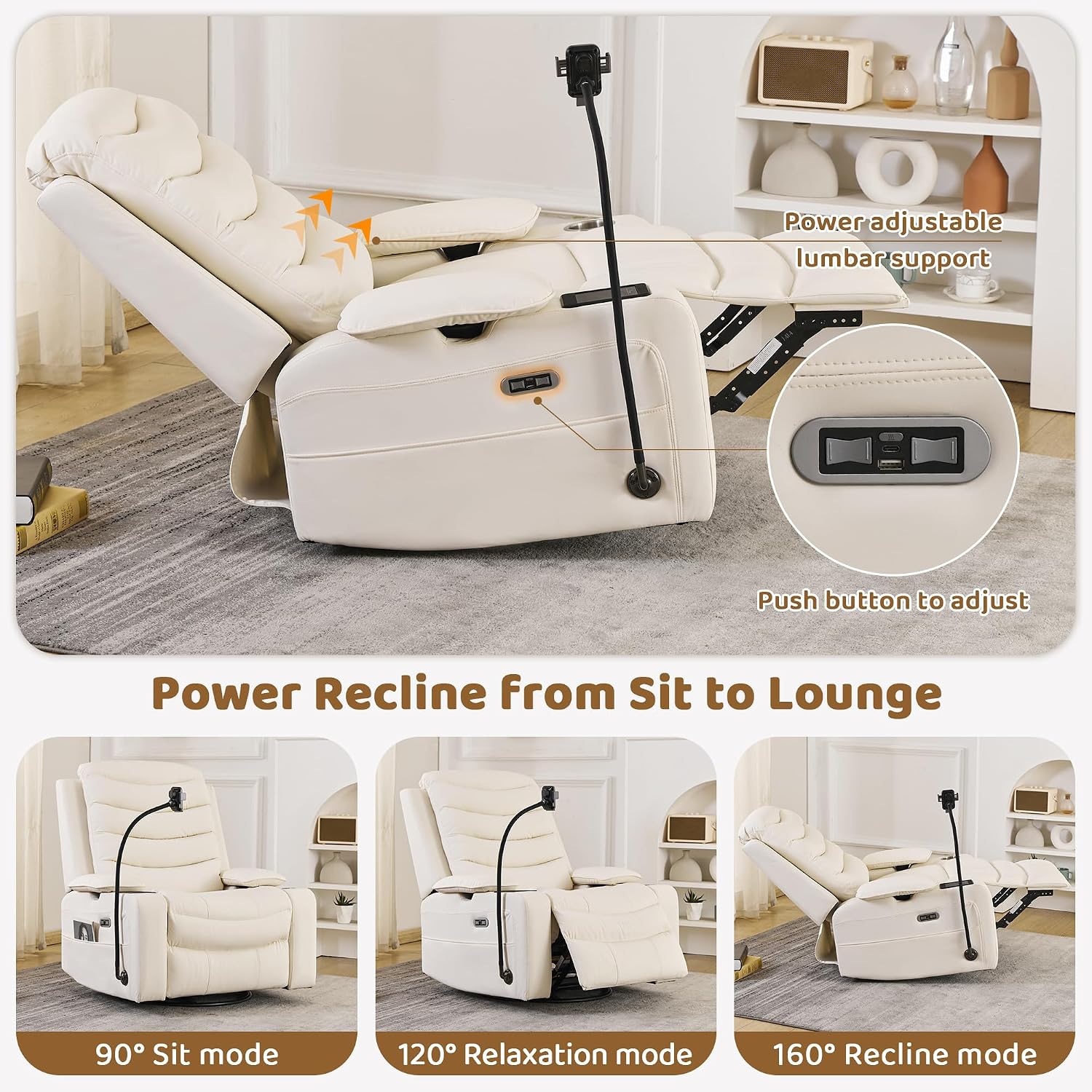 Olela Power Glider Recliner Nursery Chair, Oversized Leather Swivel Rocking Chair with Electric Lumbar Support, USB Charging, Smart Cup Holder, Light, Adjustable Armrest, Wireless Phone Charger Holder