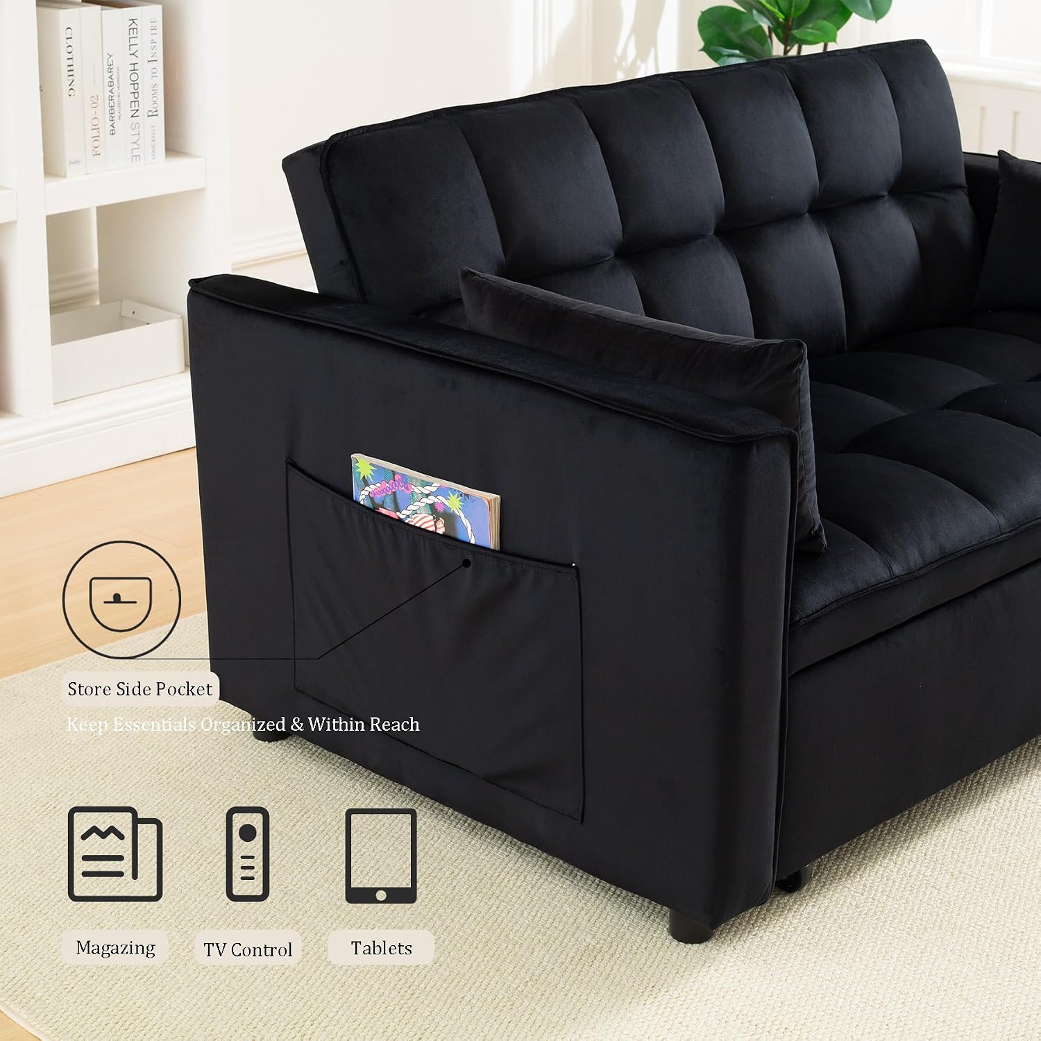 Convertible Sofa Bed,3 in 1 Pull Out Couch Adjustable Backrest, Modern Velvet Upholstery Sleeper Sofa Bed, Loveseat Couch for Living Room, Bedroom & Apartments (Black)