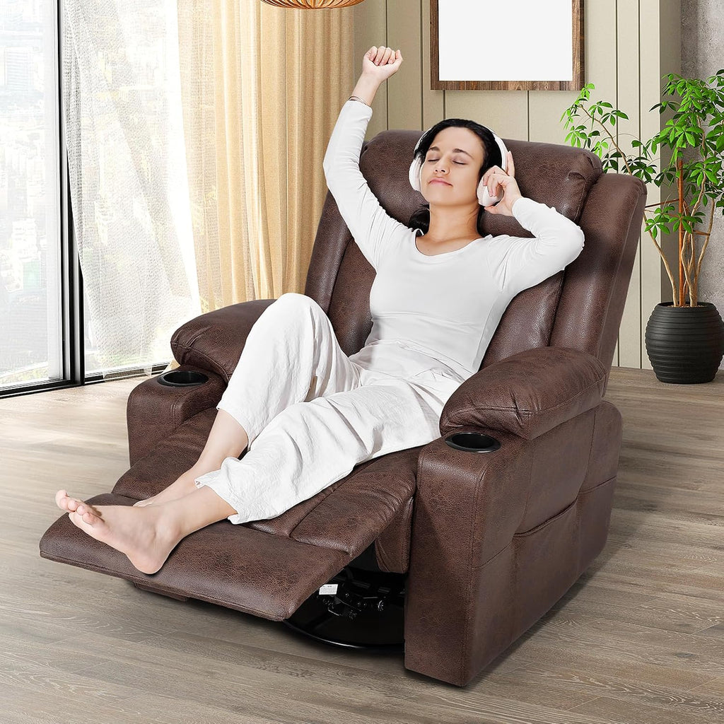 LAFWELL Retro Rocking Recliner Chair, Massage Rocker Recliner Chair with Vibration Massage and Heat, USB and Type-C Ports,360° Swivel Chairs,Living Room, Bedroom, Nursery, RV, Brown