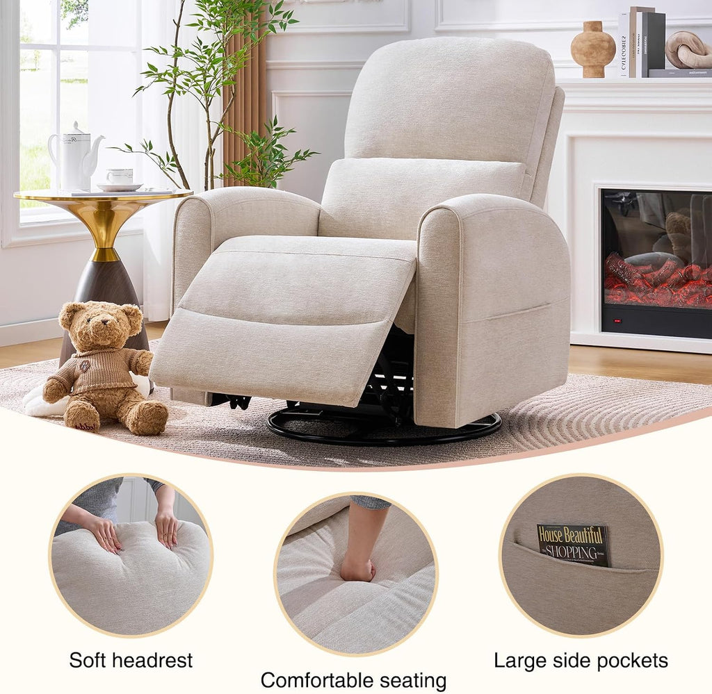 Power Swivel Rocker Recliner, Swivel Glider Nursery Recliner Chair with Lumbar Support, Upholstered Rocking Electric Recling Chairs for Adults Nursery, Living Room, Bedroom, Camel