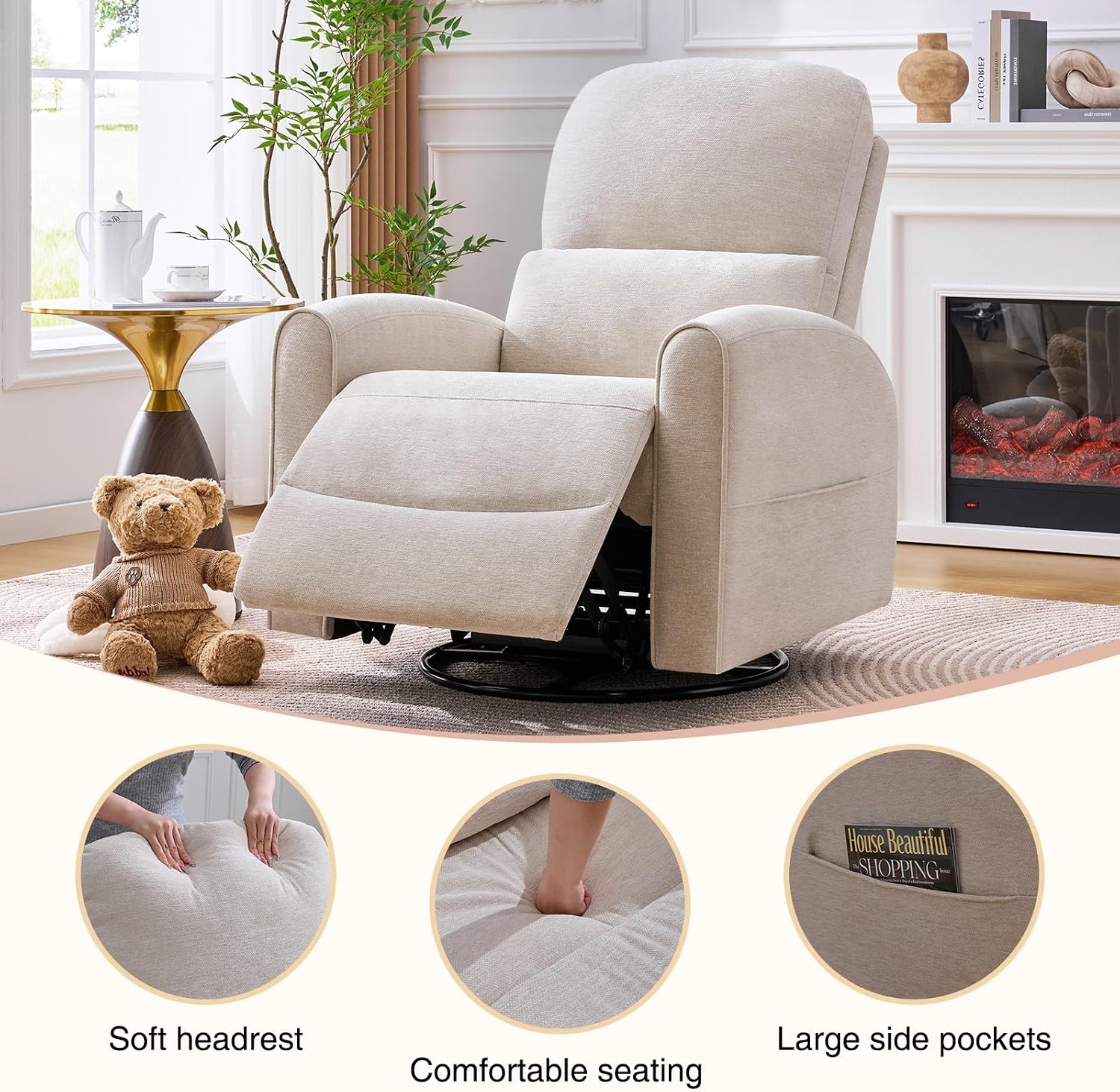 Power Swivel Rocker Recliner, Swivel Glider Nursery Recliner Chair with Lumbar Support, Upholstered Rocking Electric Recling Chairs for Adults Nursery, Living Room, Bedroom, Camel