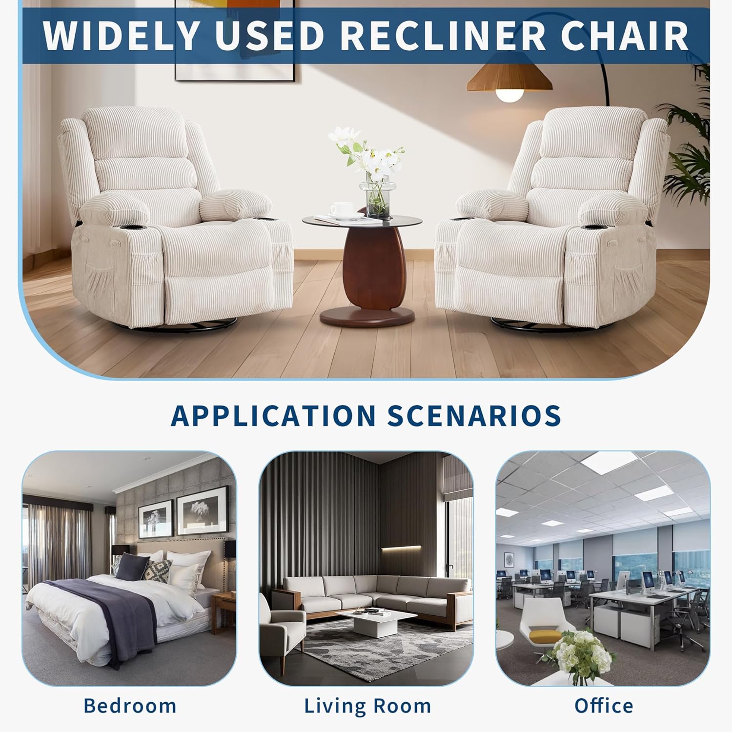 360° Swivel Rocker Recliner Chair for Adults, Rocking Manual Glider Sofa with 3 Positions, 2 Cup Holders, 4 Pockets for Nursery, Living Room, Bedroom, Office, Reading Nook