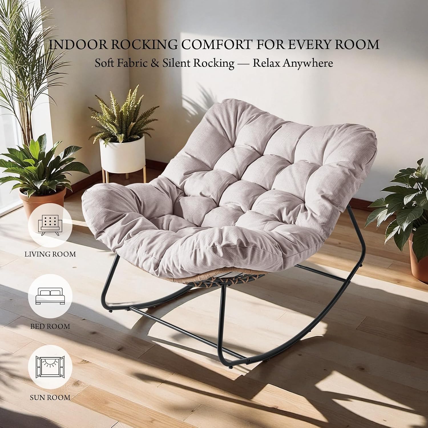 Outdoor Rocking Chair, Oversized Papasan Wicker Lounge Chair with Cushion, Relaxing Patio Rocker, Indoor Reading Egg Chair for Porch, Patio, Bedroom, Garden (Beige)