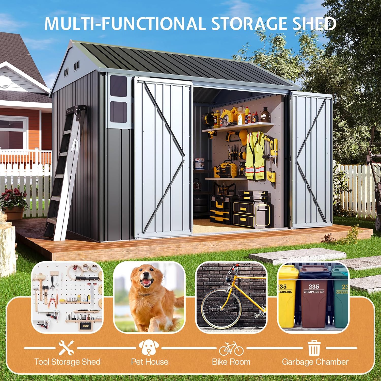 VanAcc 8.5x7.1x7.5 FT Galvanized Steel Outdoor Storage Shed, Lockable Double Hinged Doors and 4 Vents, Metal Shed for Backyard Storage, Dark Black/White