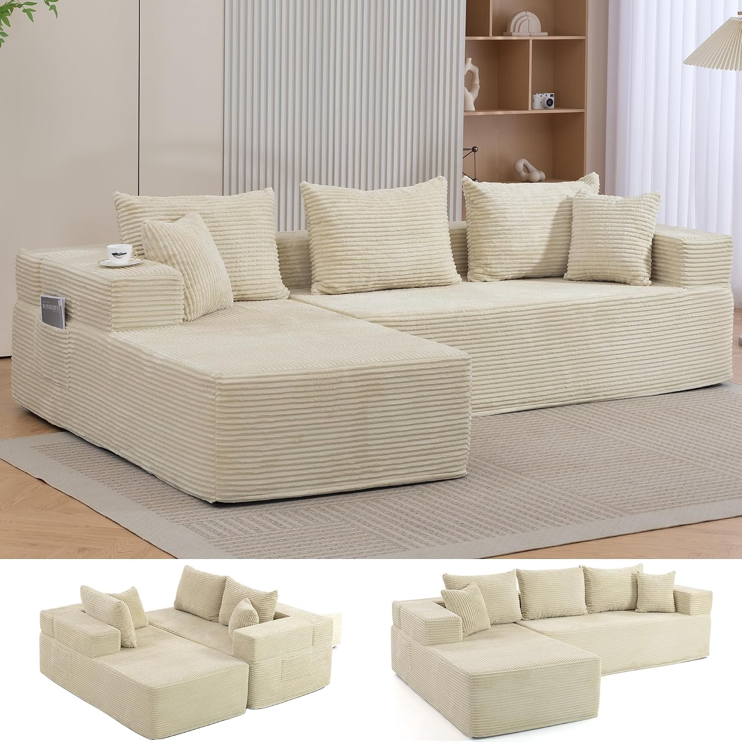 105'' Modular L-Shaped Boneless Sectional, Corduroy Deep Seat Cloud Sectional Couch, Small Space Sofa for Apartment Living Room Bedroom, No Assembly, Beige